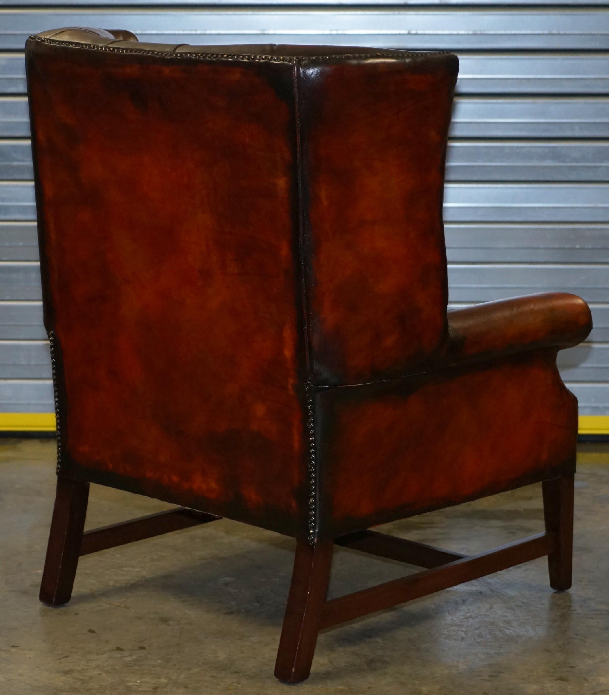 Pair of Restored Chesterfield Porters Wingback Armchairs Whisky Brown Leather 2