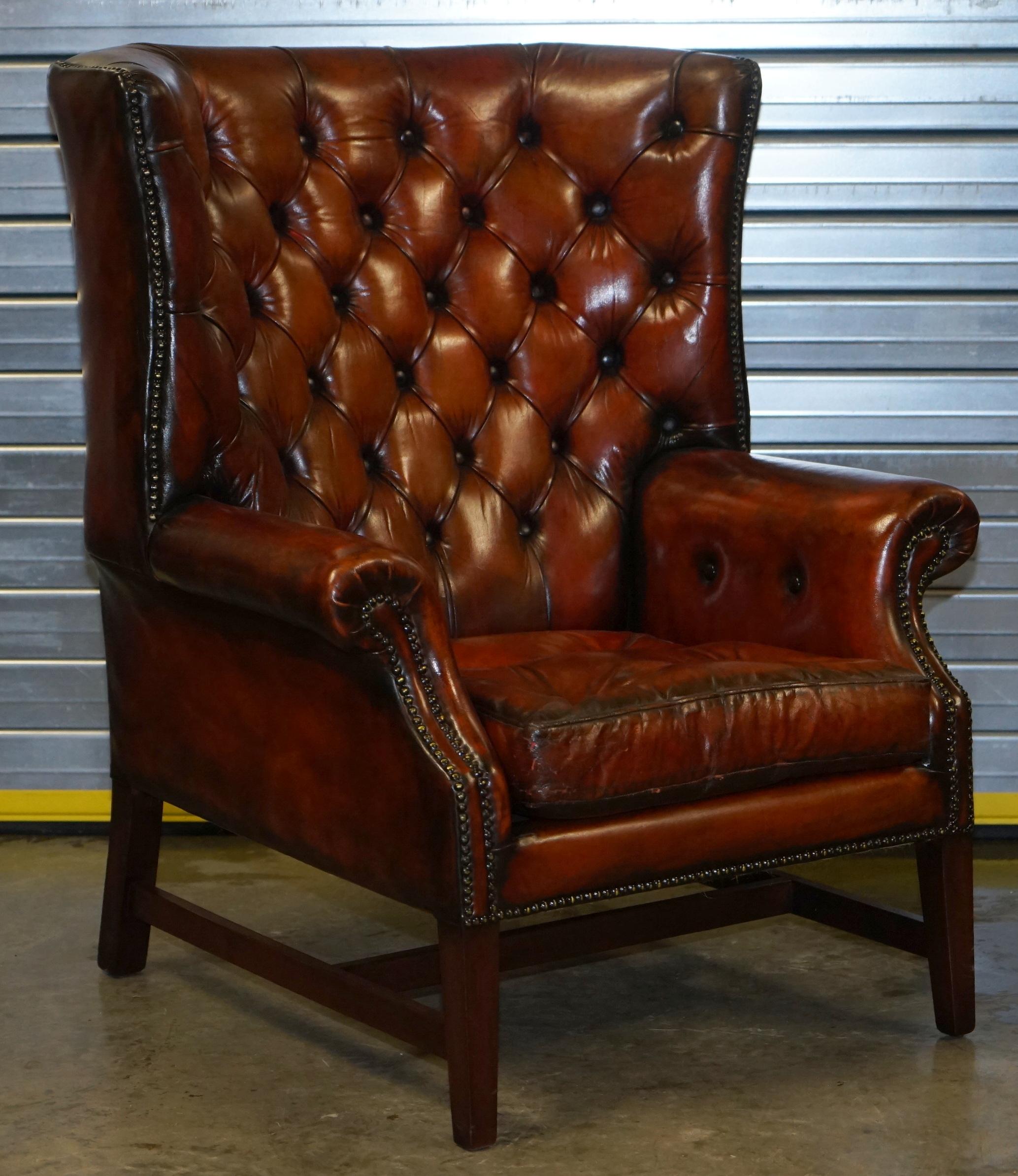 Pair of Restored Chesterfield Porters Wingback Armchairs Whisky Brown Leather 4
