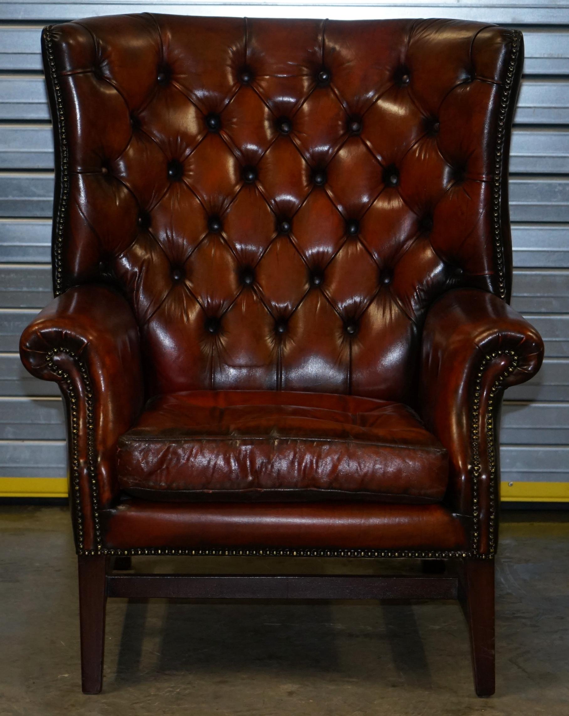 Pair of Restored Chesterfield Porters Wingback Armchairs Whisky Brown Leather 5