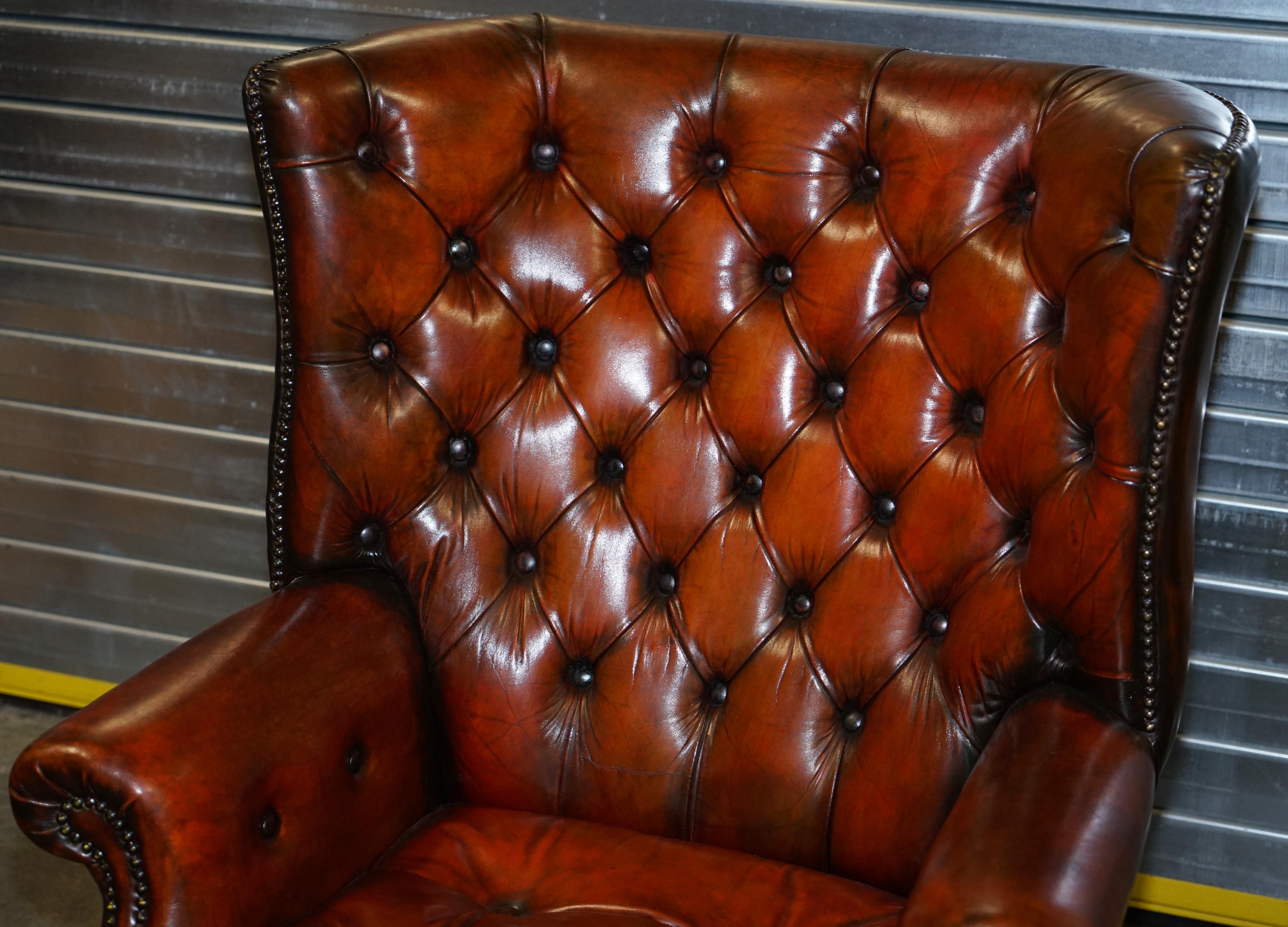 Pair of Restored Chesterfield Porters Wingback Armchairs Whisky Brown Leather 6