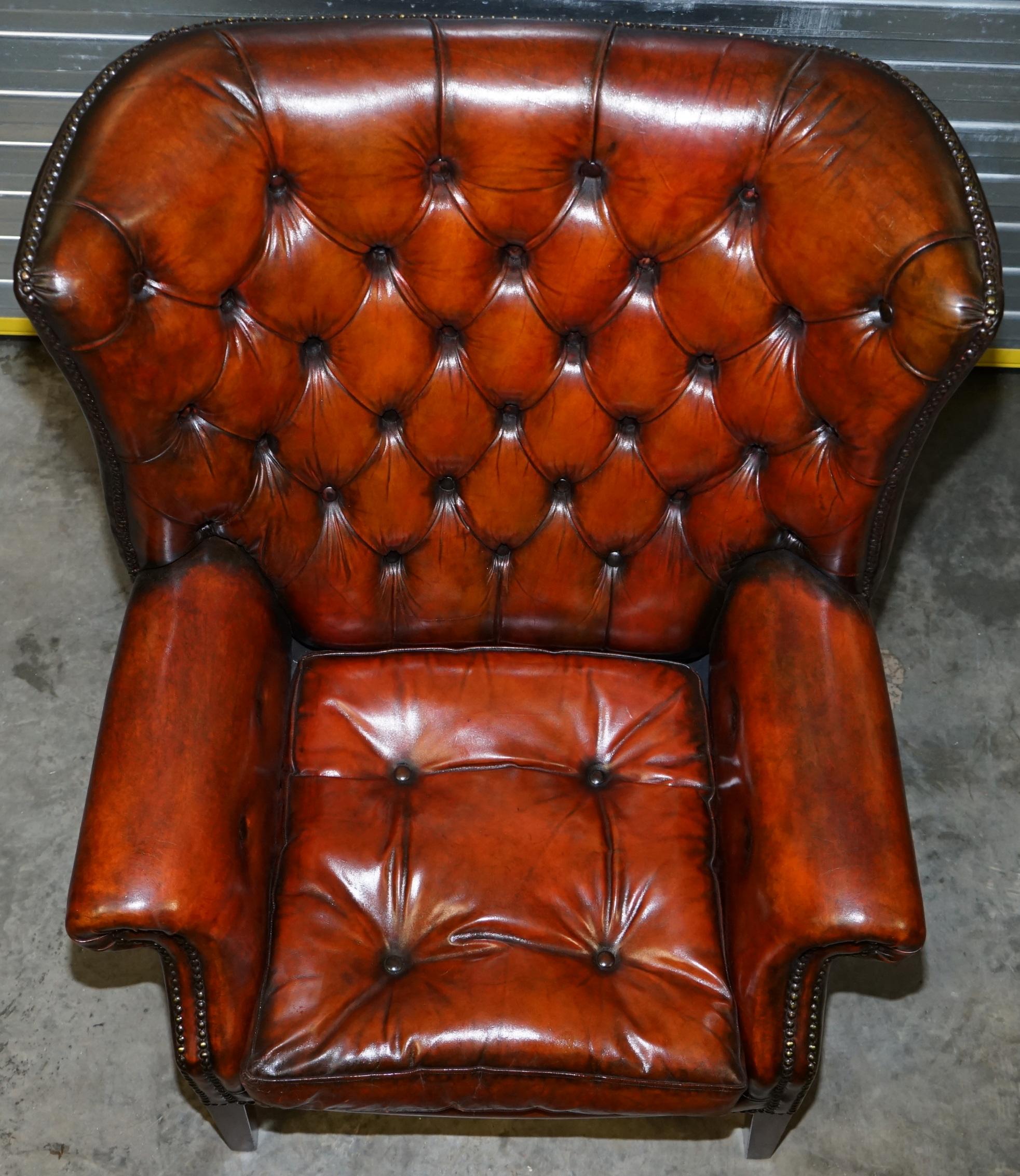 Pair of Restored Chesterfield Porters Wingback Armchairs Whisky Brown Leather 7