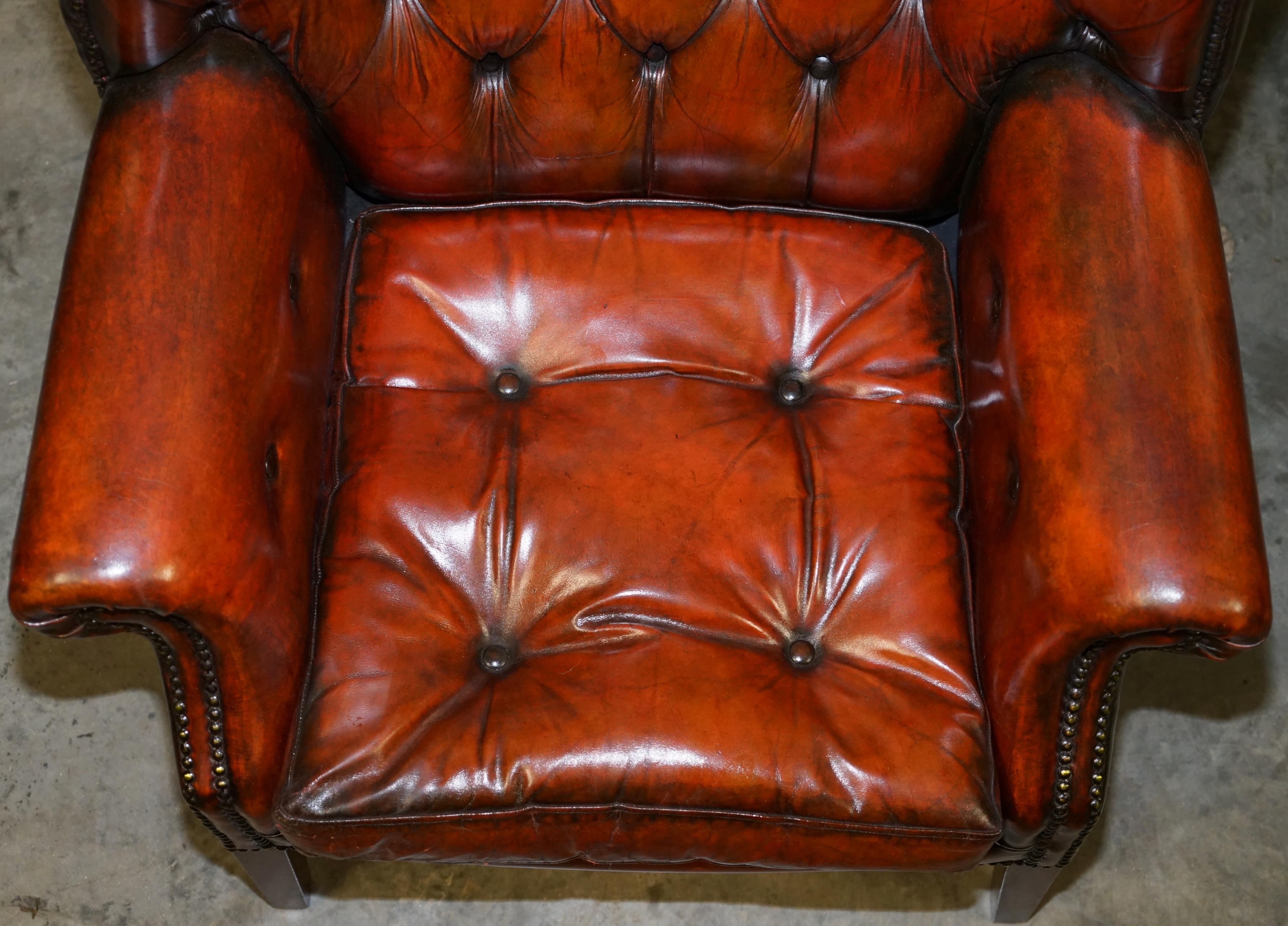 Pair of Restored Chesterfield Porters Wingback Armchairs Whisky Brown Leather 8