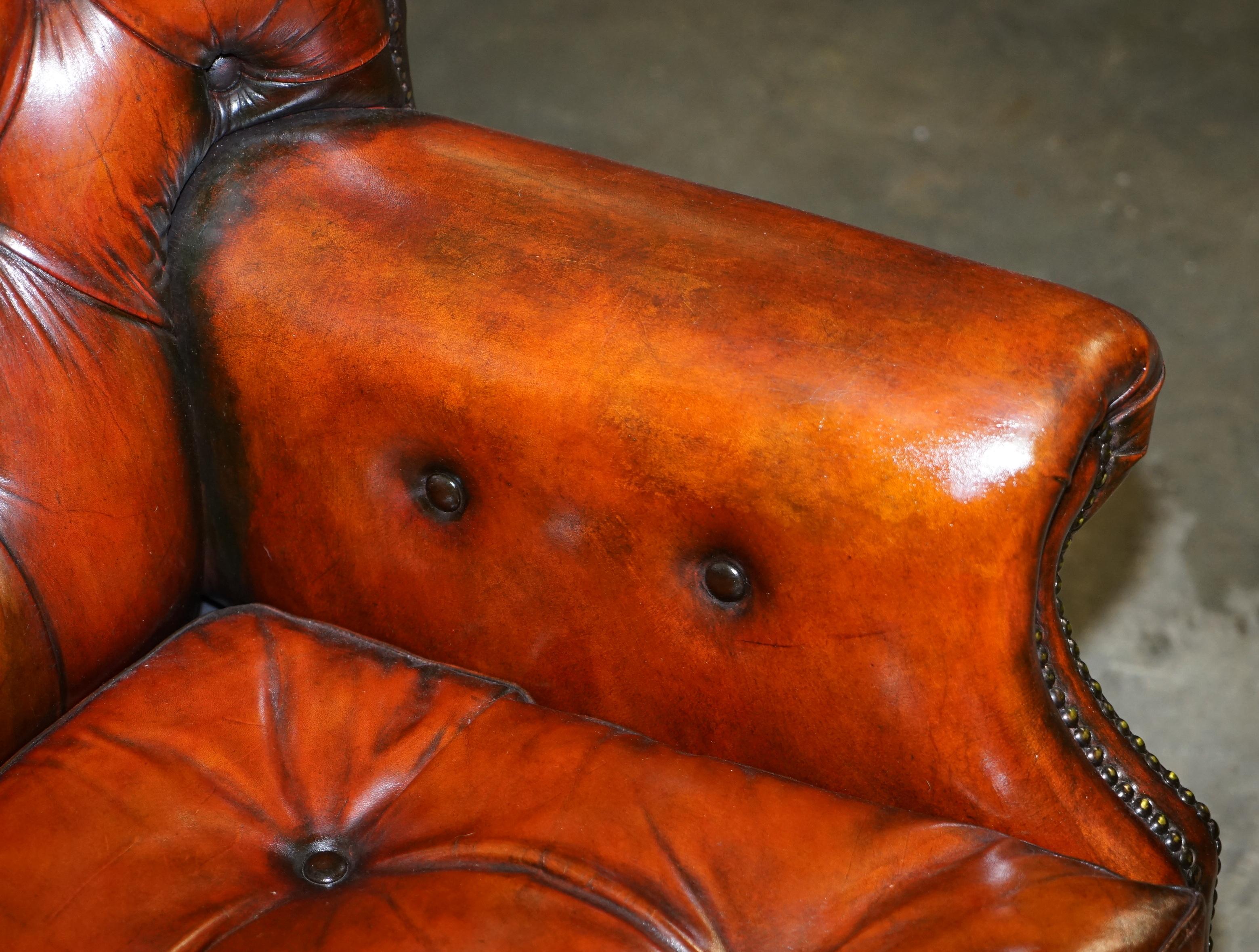 Pair of Restored Chesterfield Porters Wingback Armchairs Whisky Brown Leather 9