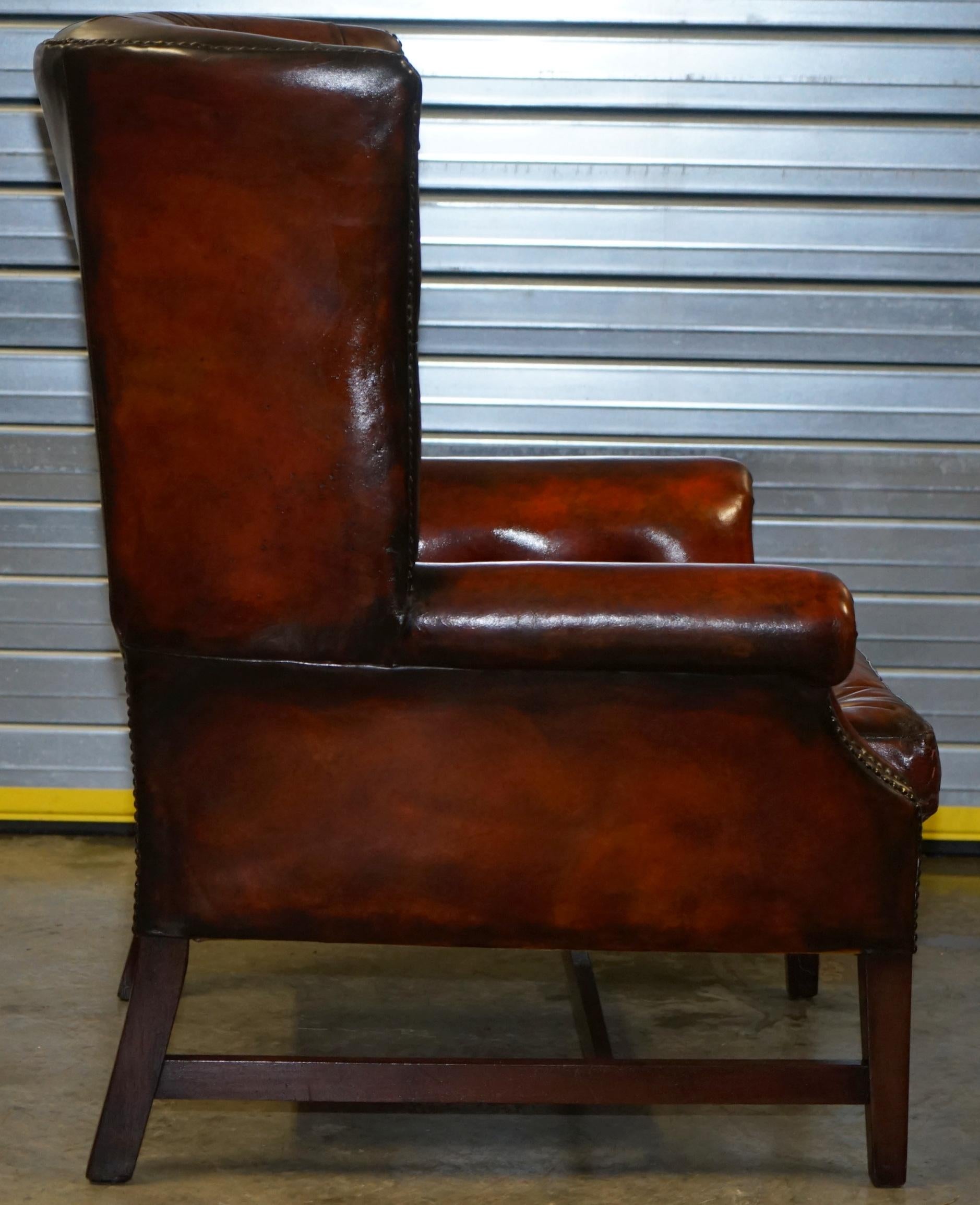 Pair of Restored Chesterfield Porters Wingback Armchairs Whisky Brown Leather 10