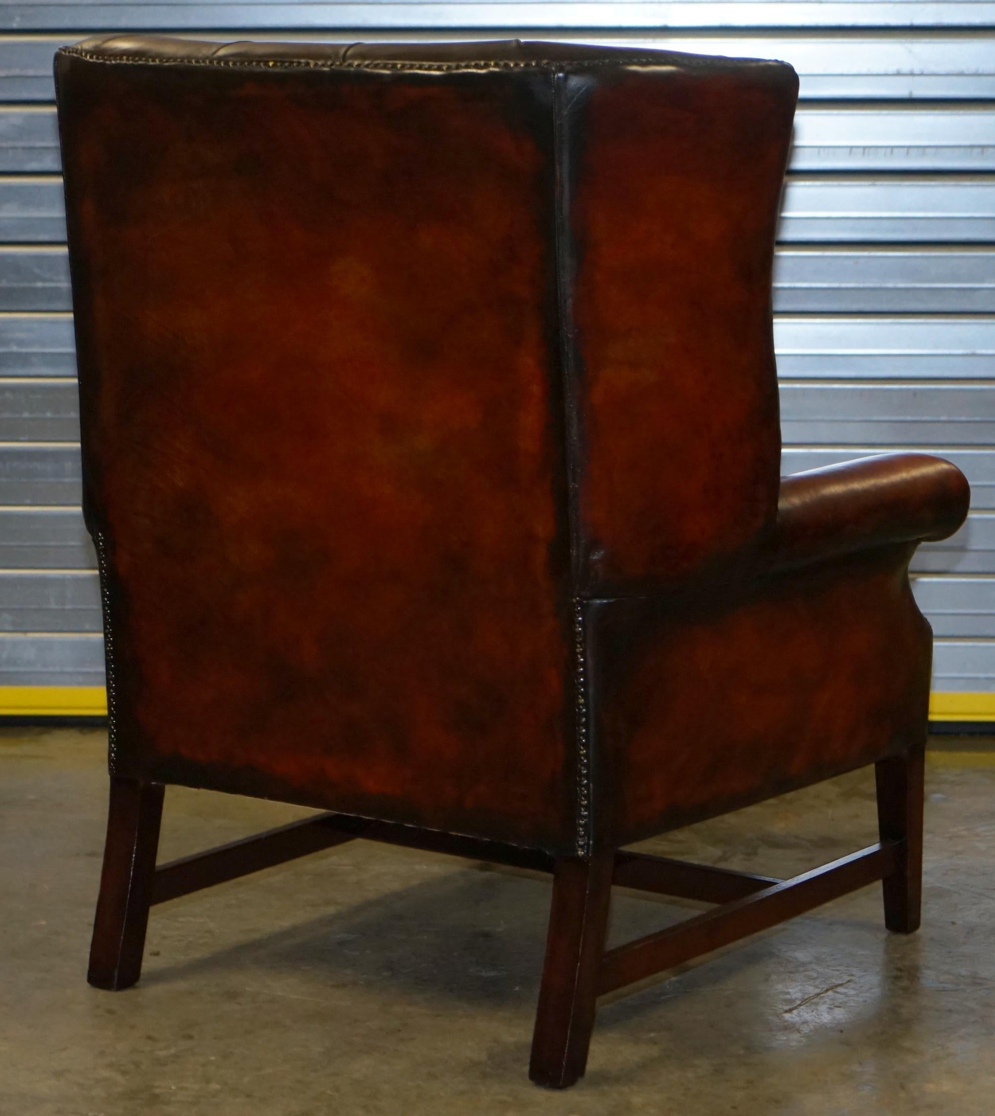 Pair of Restored Chesterfield Porters Wingback Armchairs Whisky Brown Leather 11
