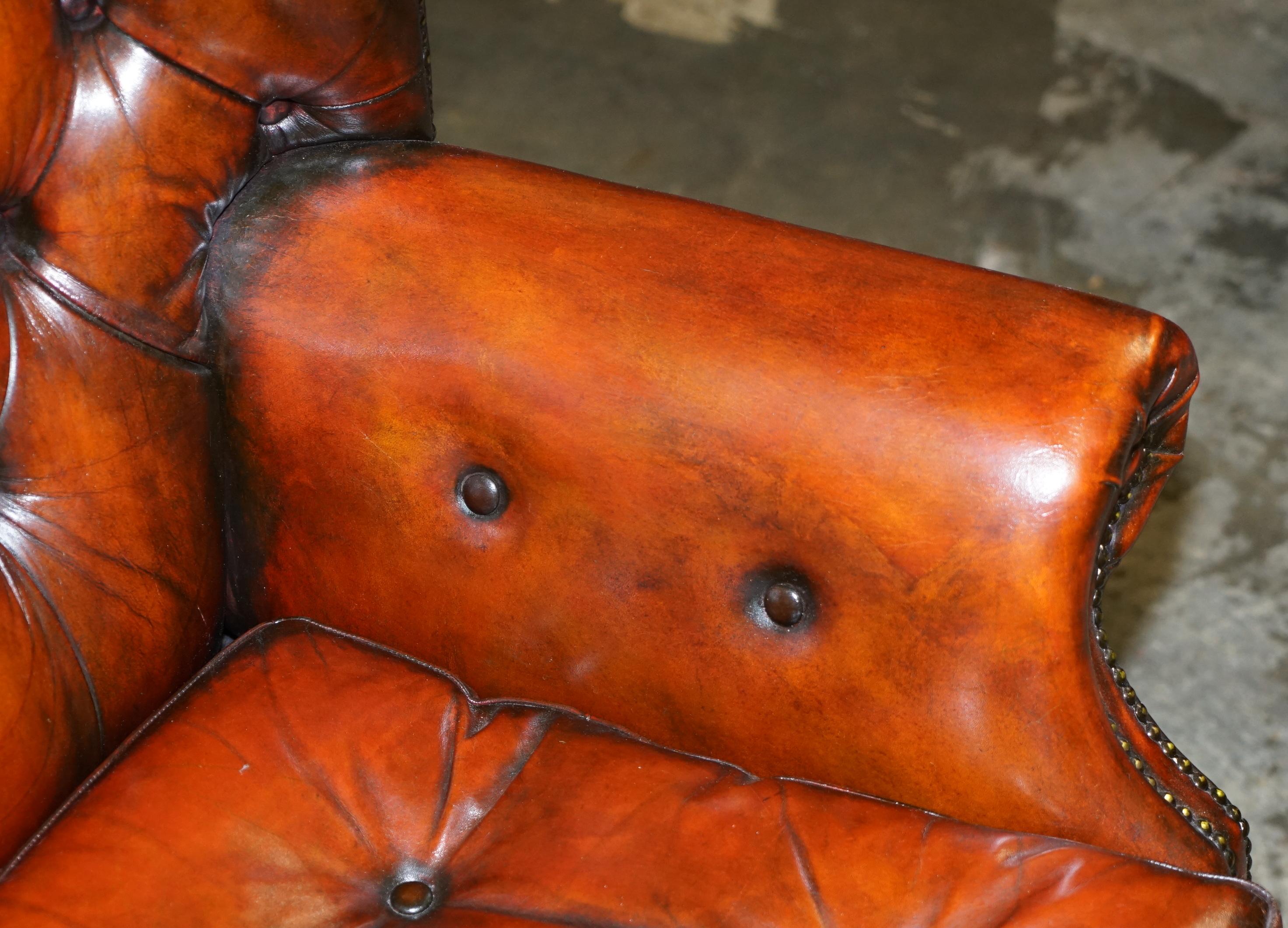 Victorian Pair of Restored Chesterfield Porters Wingback Armchairs Whisky Brown Leather