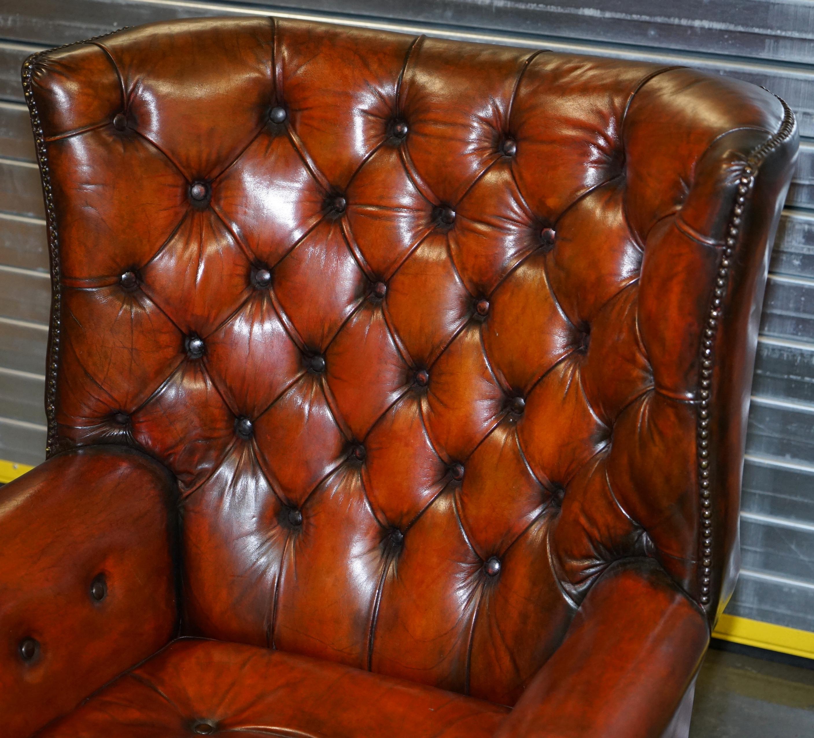 English Pair of Restored Chesterfield Porters Wingback Armchairs Whisky Brown Leather
