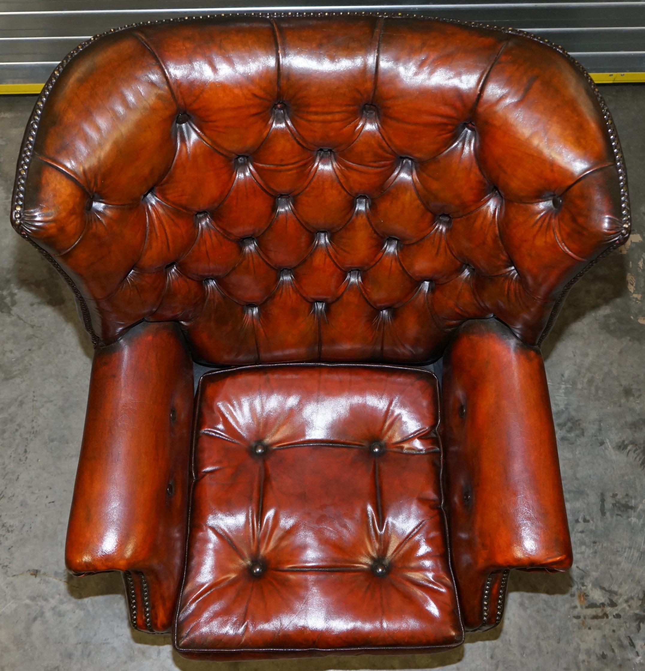 Hand-Crafted Pair of Restored Chesterfield Porters Wingback Armchairs Whisky Brown Leather