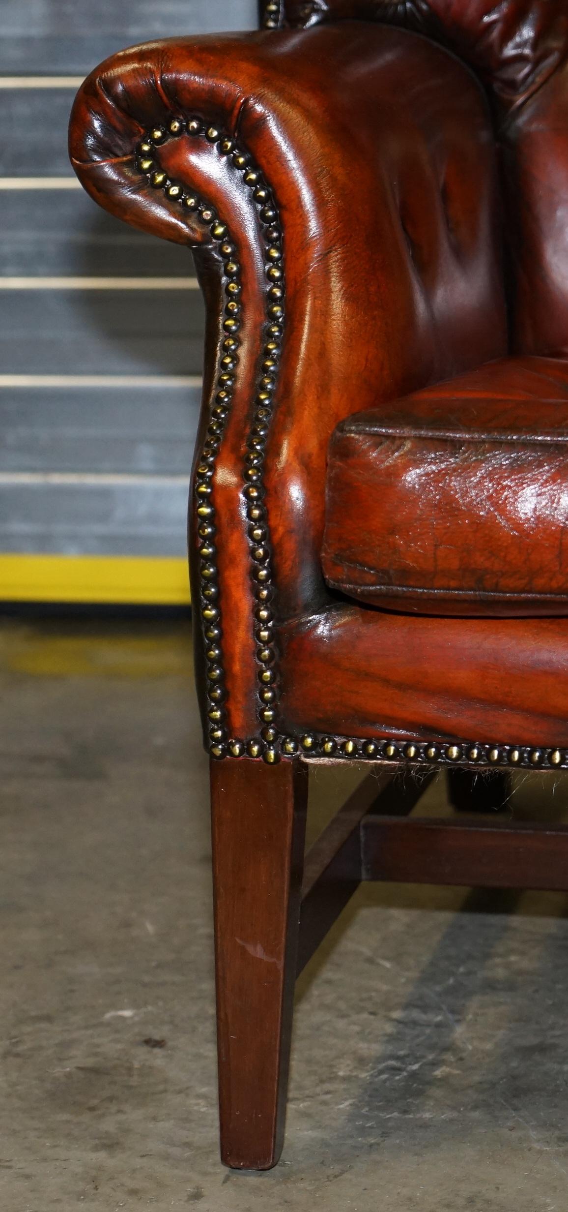 20th Century Pair of Restored Chesterfield Porters Wingback Armchairs Whisky Brown Leather