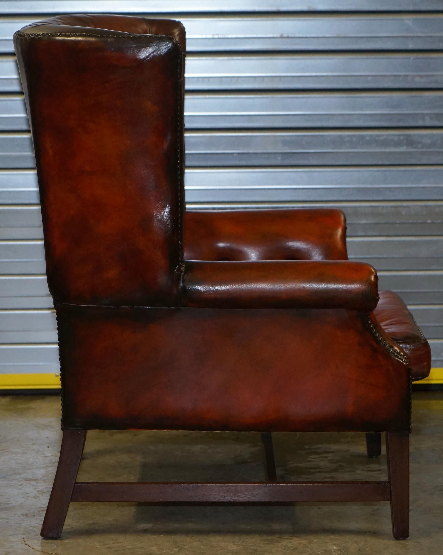 Pair of Restored Chesterfield Porters Wingback Armchairs Whisky Brown Leather 1