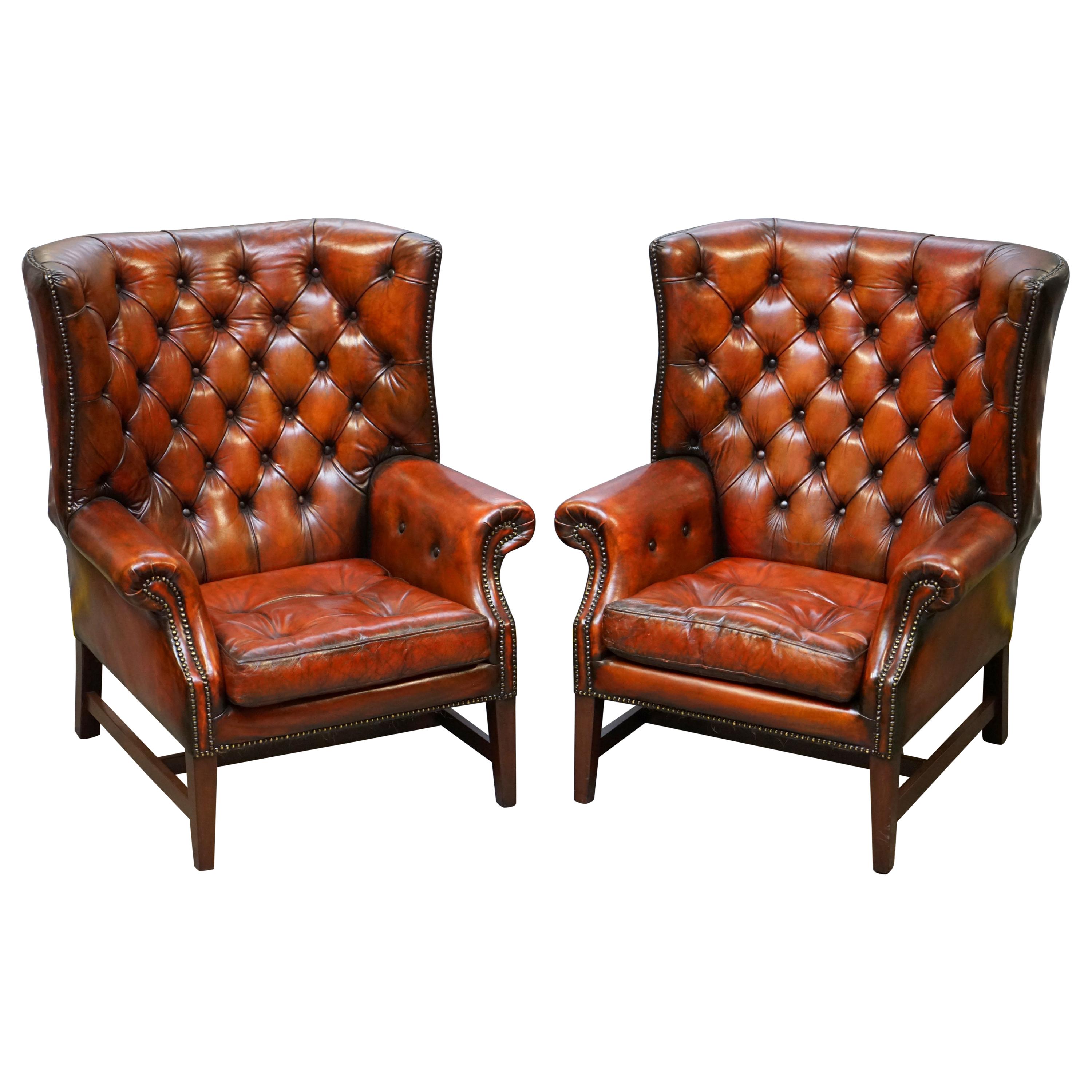 Pair of Restored Chesterfield Porters Wingback Armchairs Whisky Brown Leather