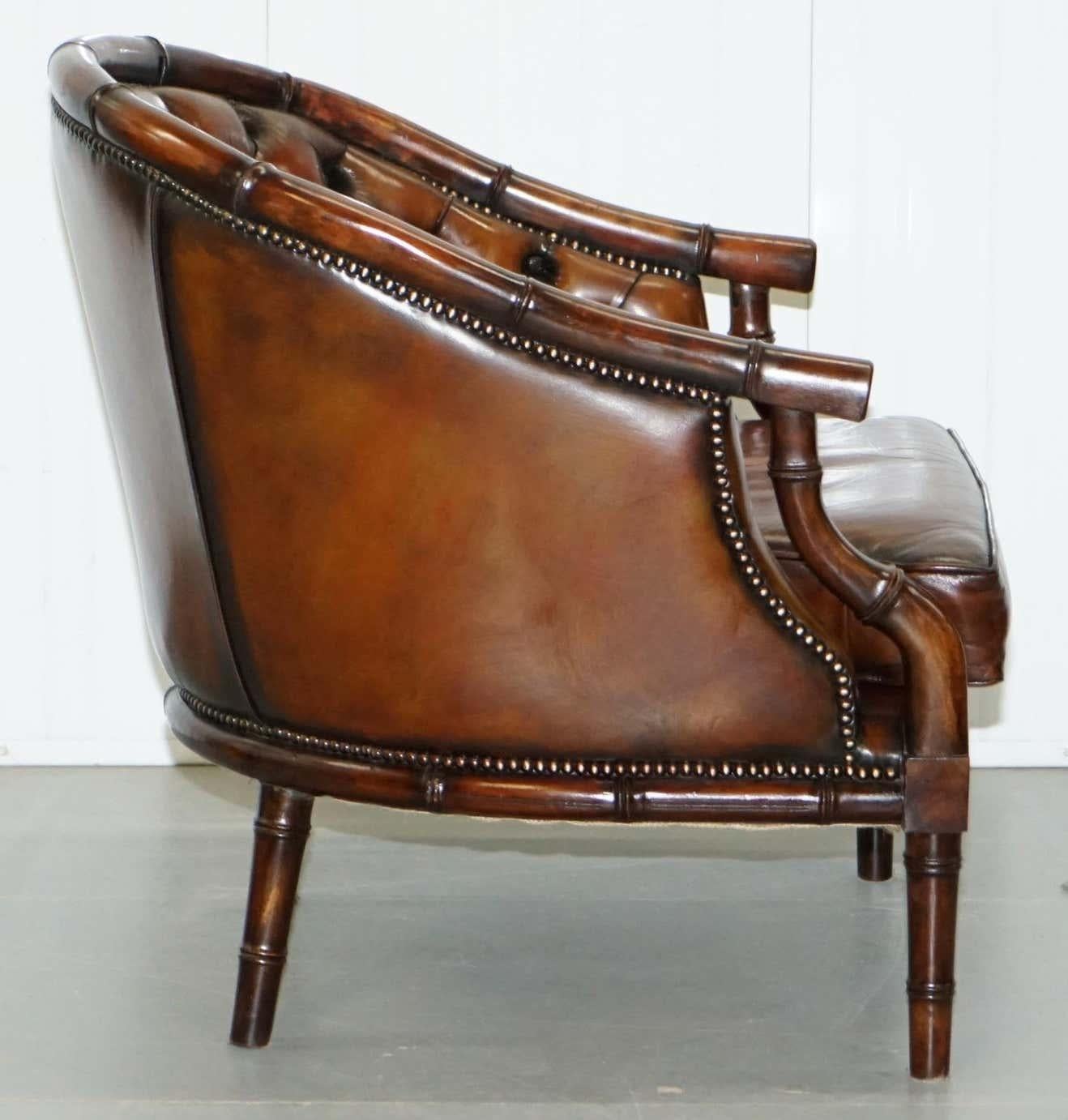 Pair of Restored Chesterfield Tufted Brown Leather Hand Dyed Famboo Armchairs 4