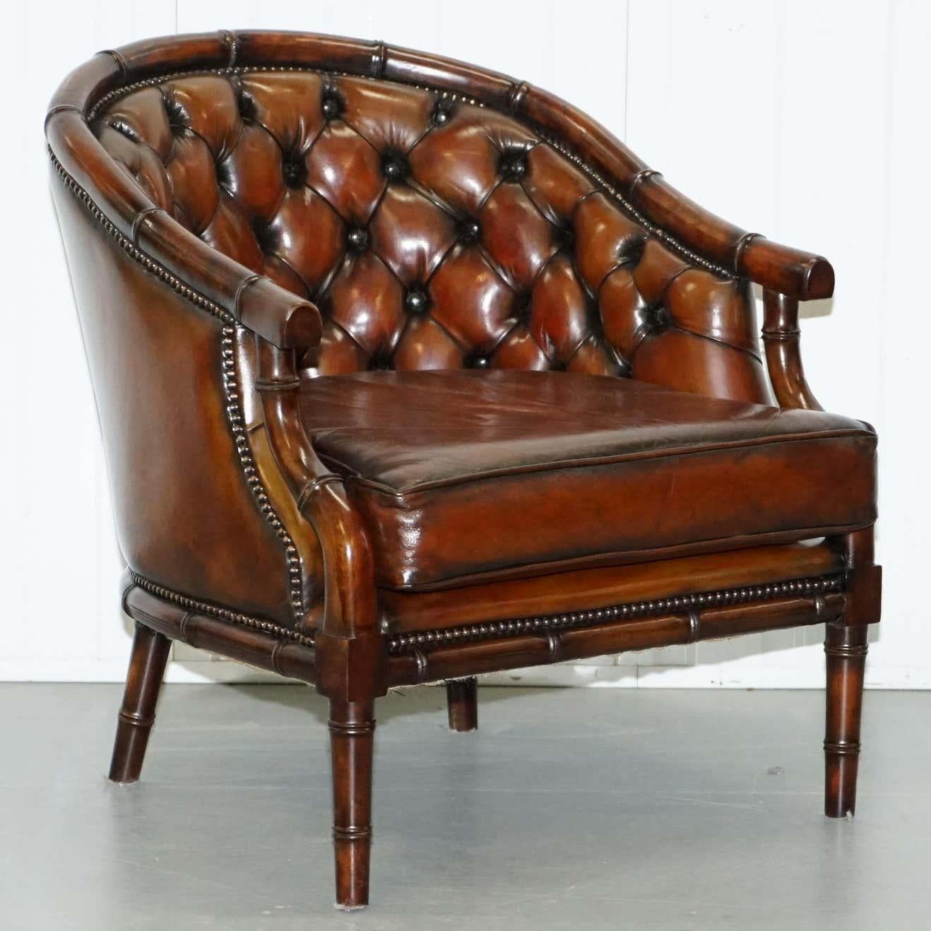We are delighted to offer this pair of circa 1900’s fully restored Chesterfield armchairs with famboo framework.

A very desirable and highly collectable pair, the frames are all hand carved from mahogany and are what’s called Famboo which is fake