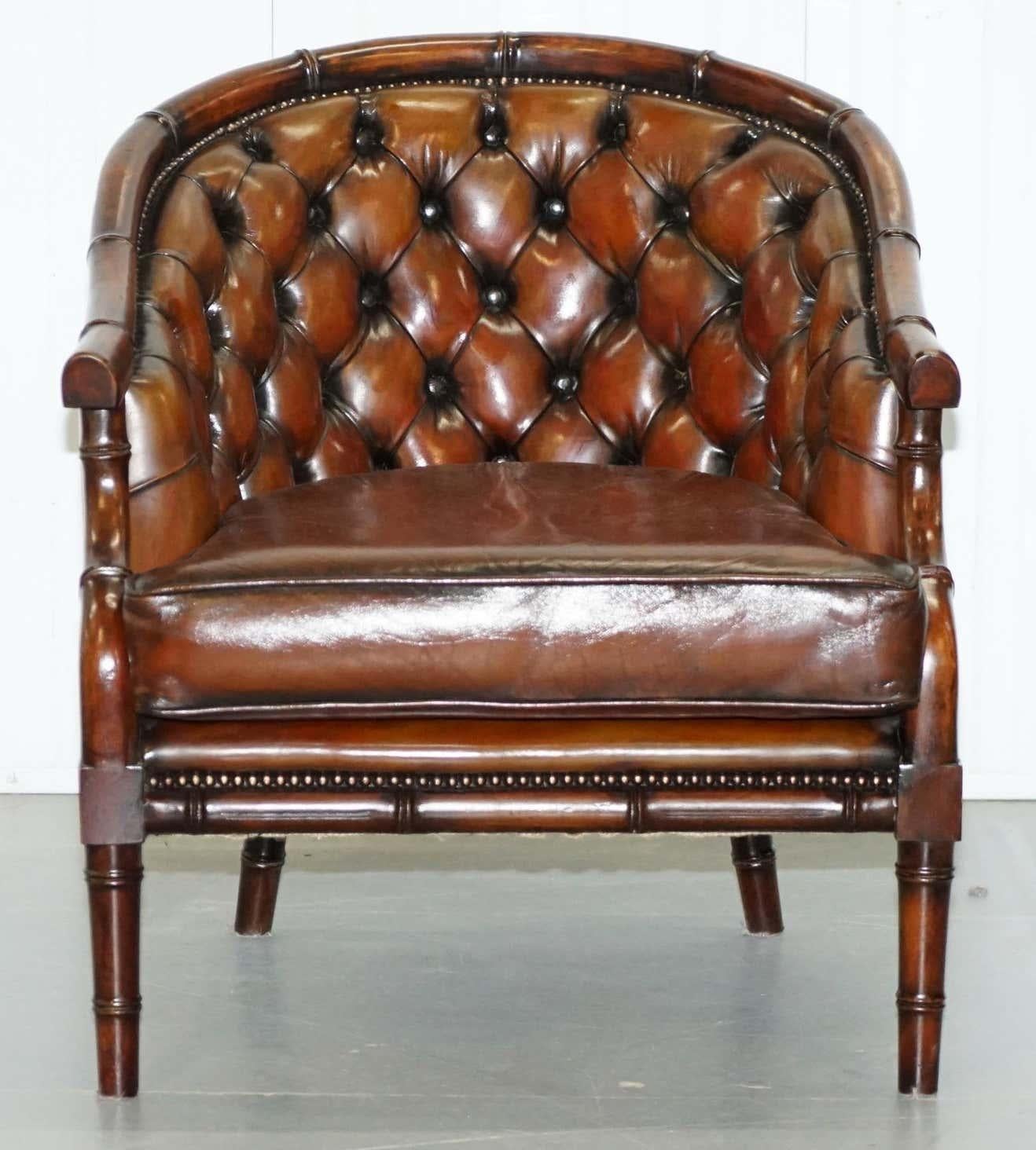 Regency Pair of Restored Chesterfield Tufted Brown Leather Hand Dyed Famboo Armchairs