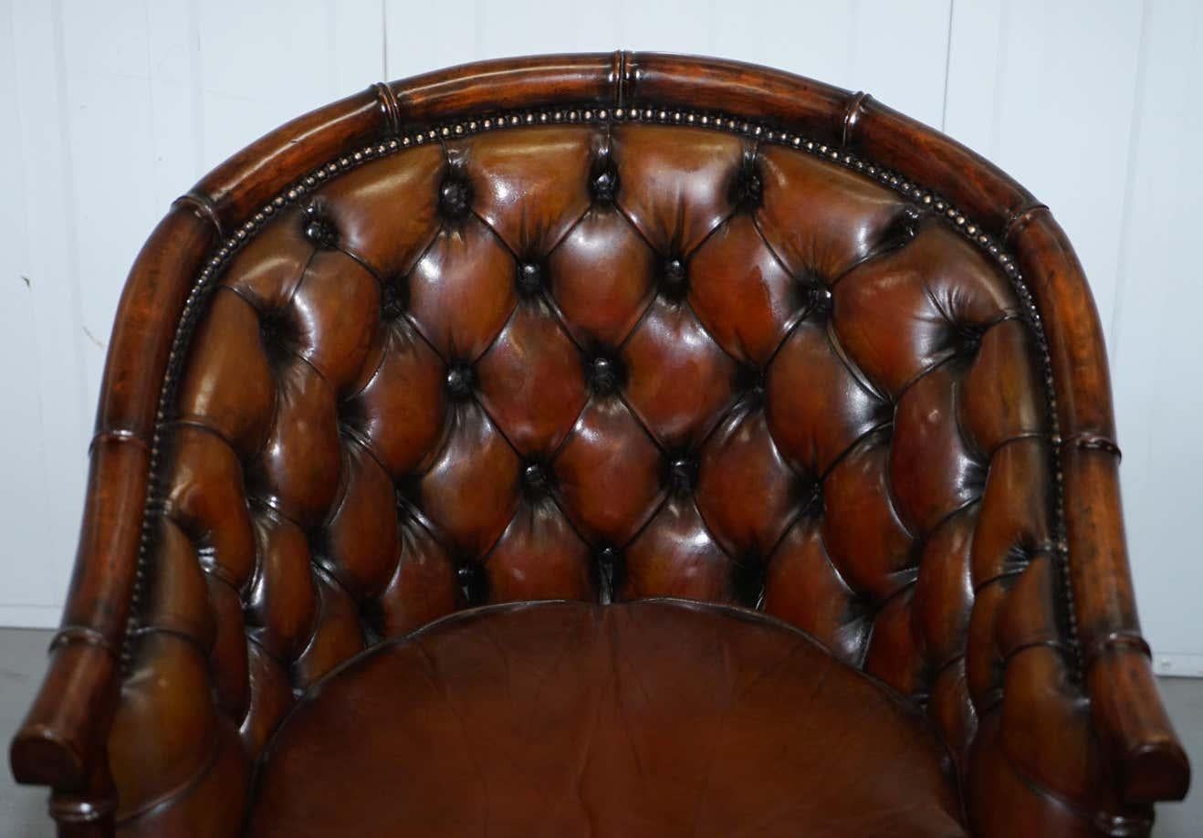 English Pair of Restored Chesterfield Tufted Brown Leather Hand Dyed Famboo Armchairs