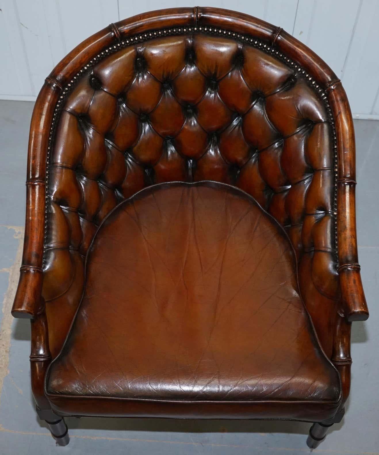 Hand-Crafted Pair of Restored Chesterfield Tufted Brown Leather Hand Dyed Famboo Armchairs