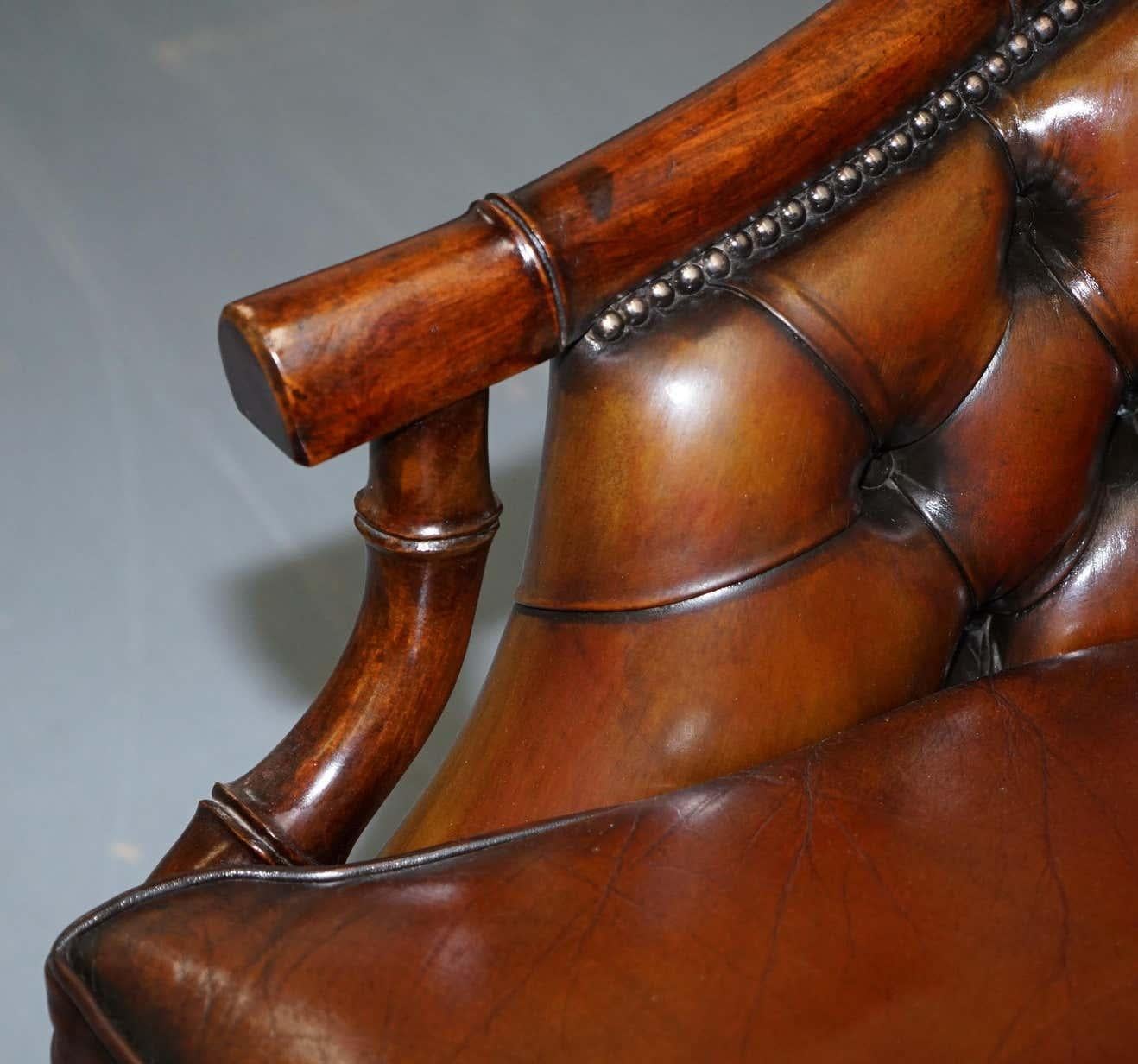 Pair of Restored Chesterfield Tufted Brown Leather Hand Dyed Famboo Armchairs 1