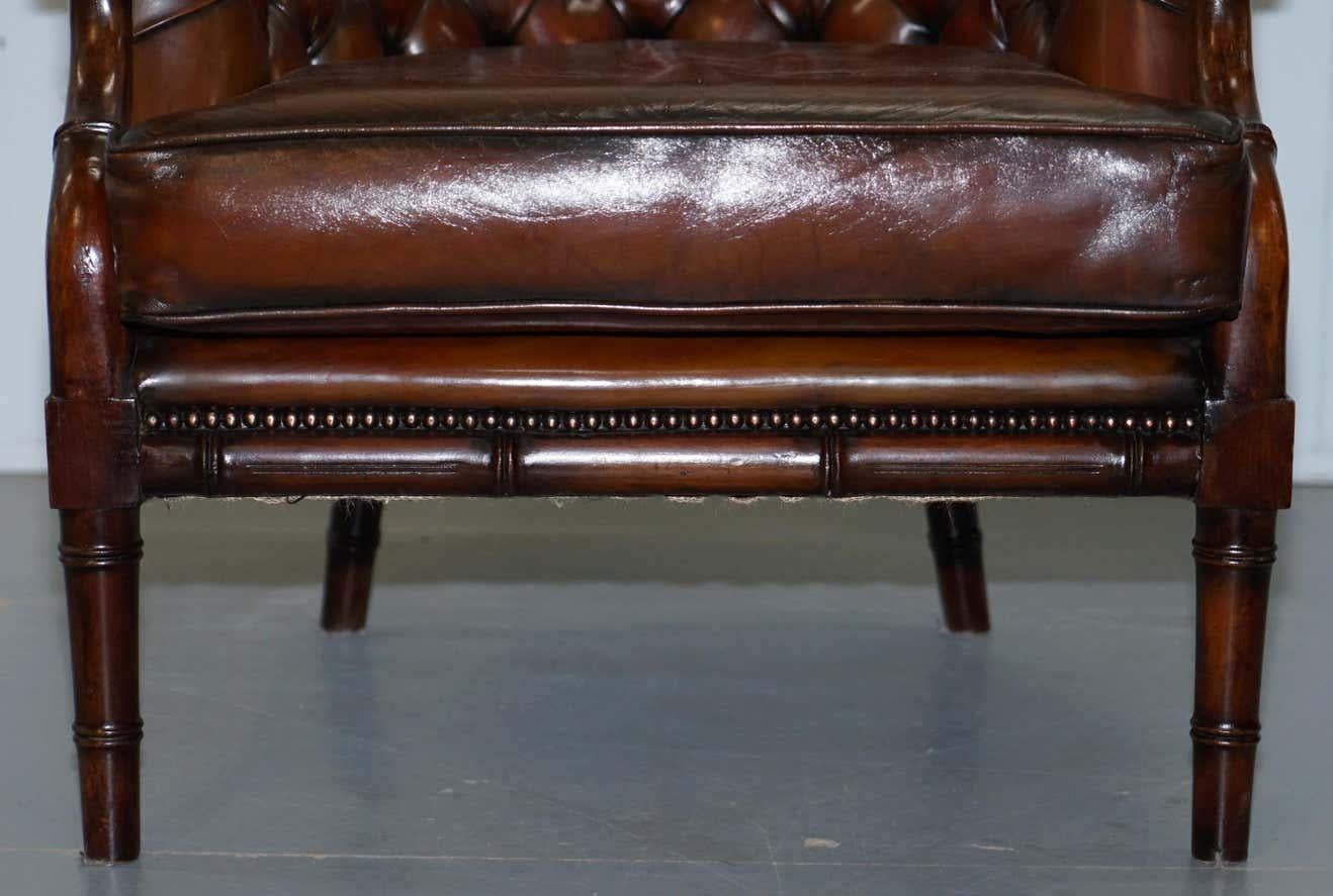 Pair of Restored Chesterfield Tufted Brown Leather Hand Dyed Famboo Armchairs 2
