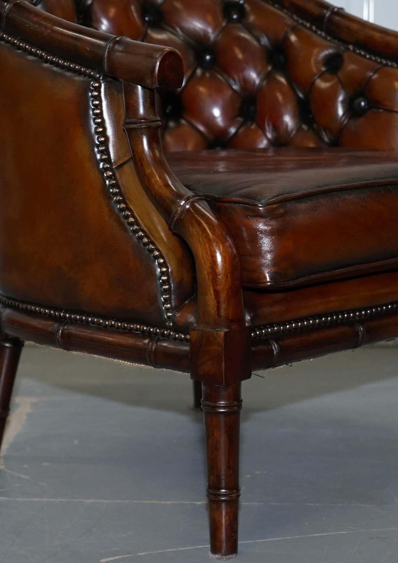 Pair of Restored Chesterfield Tufted Brown Leather Hand Dyed Famboo Armchairs 3