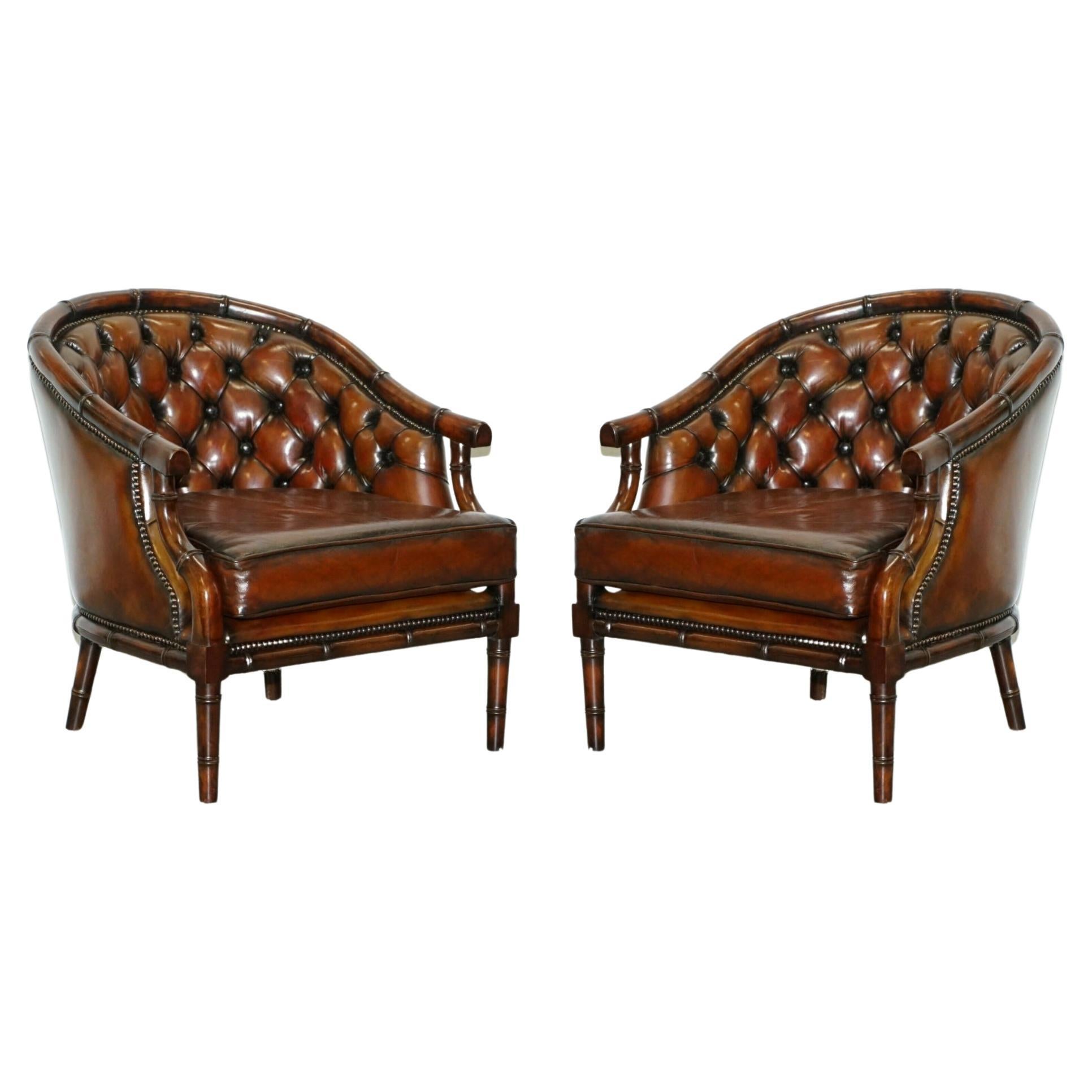 Pair of Restored Chesterfield Tufted Brown Leather Hand Dyed Famboo Armchairs