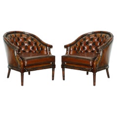 Pair of Restored Chesterfield Tufted Brown Leather Hand Dyed Famboo Armchairs