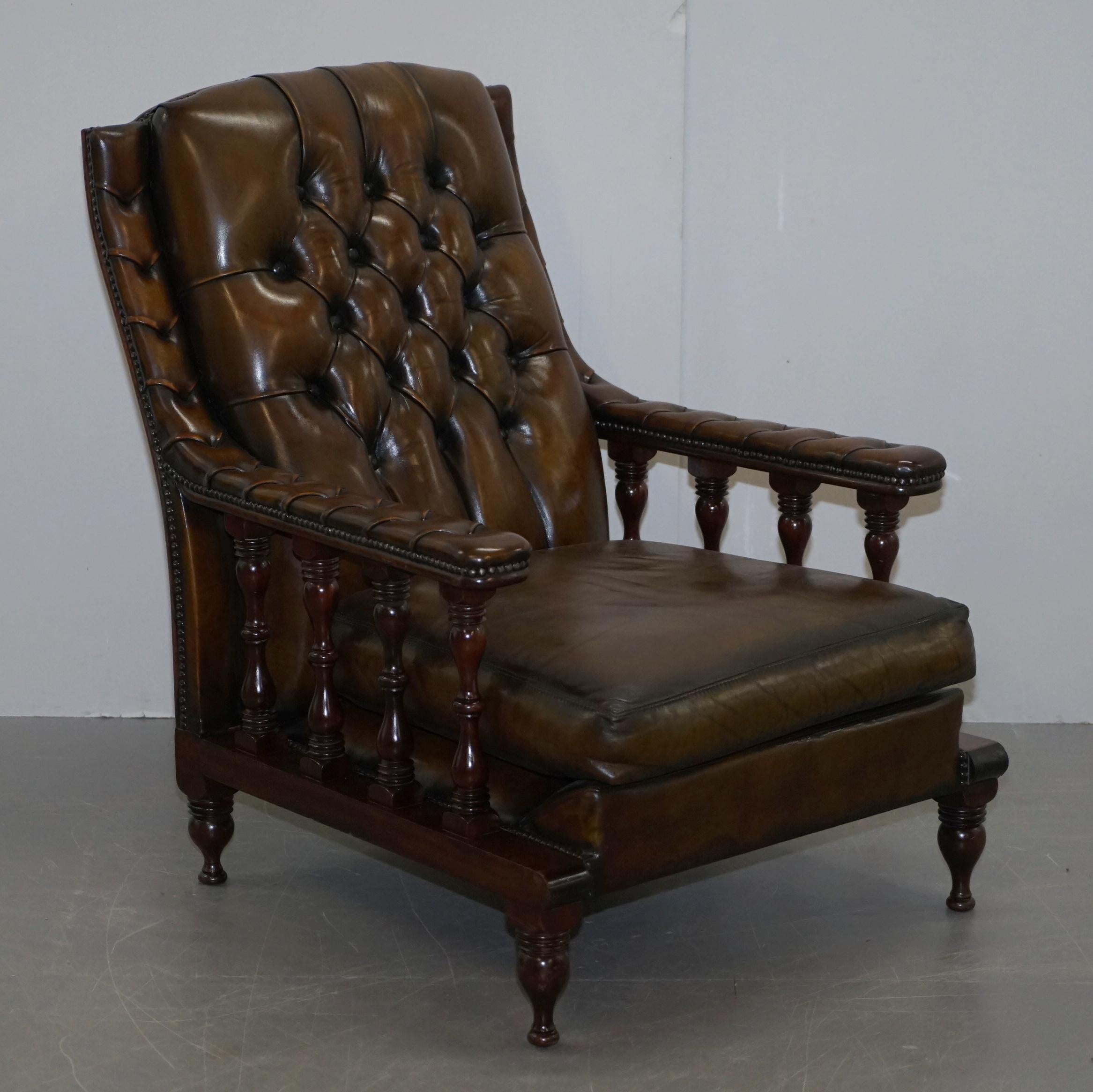 Pair of Restored Chesterfield Tufted Dutch Brown Leather Library Club Armchairs 9