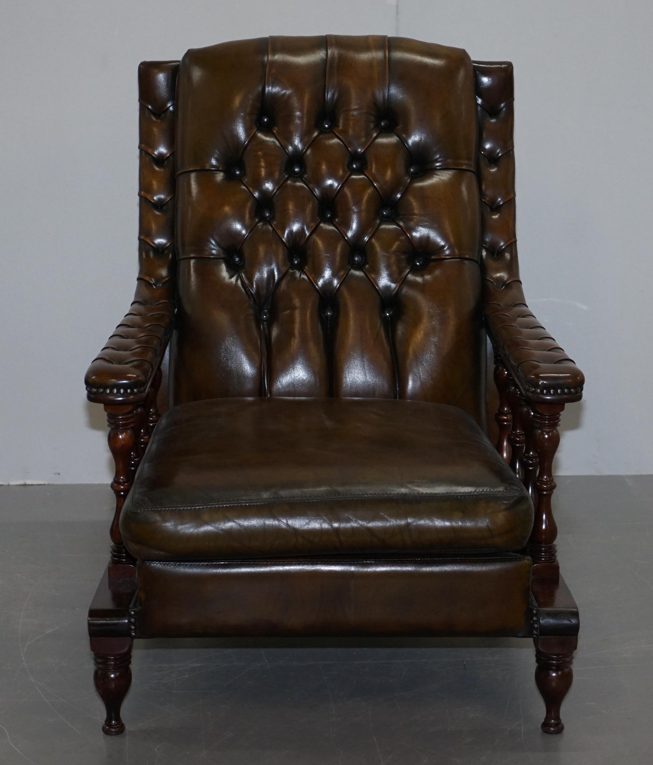 Pair of Restored Chesterfield Tufted Dutch Brown Leather Library Club Armchairs 10