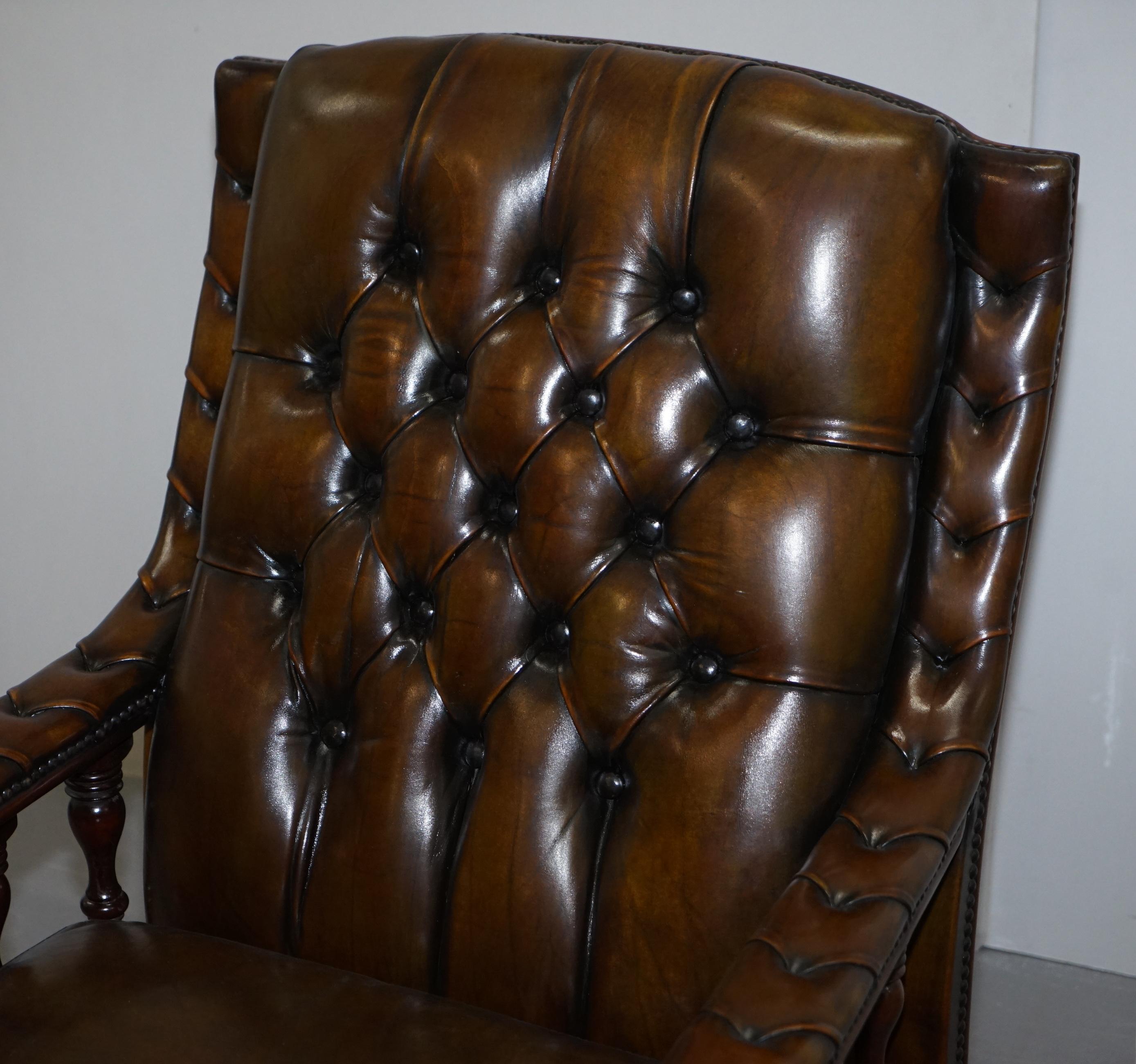 Pair of Restored Chesterfield Tufted Dutch Brown Leather Library Club Armchairs 11