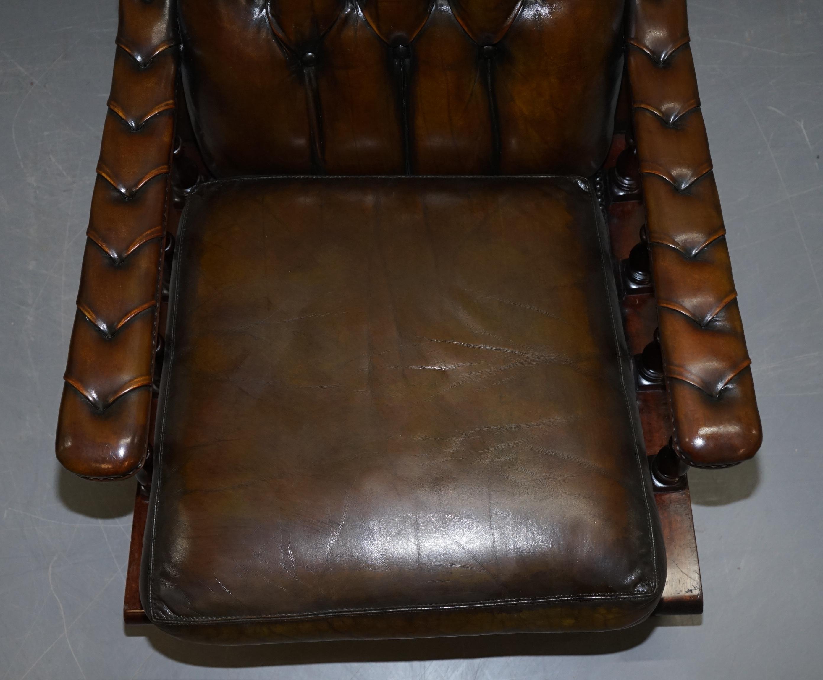 Pair of Restored Chesterfield Tufted Dutch Brown Leather Library Club Armchairs 12