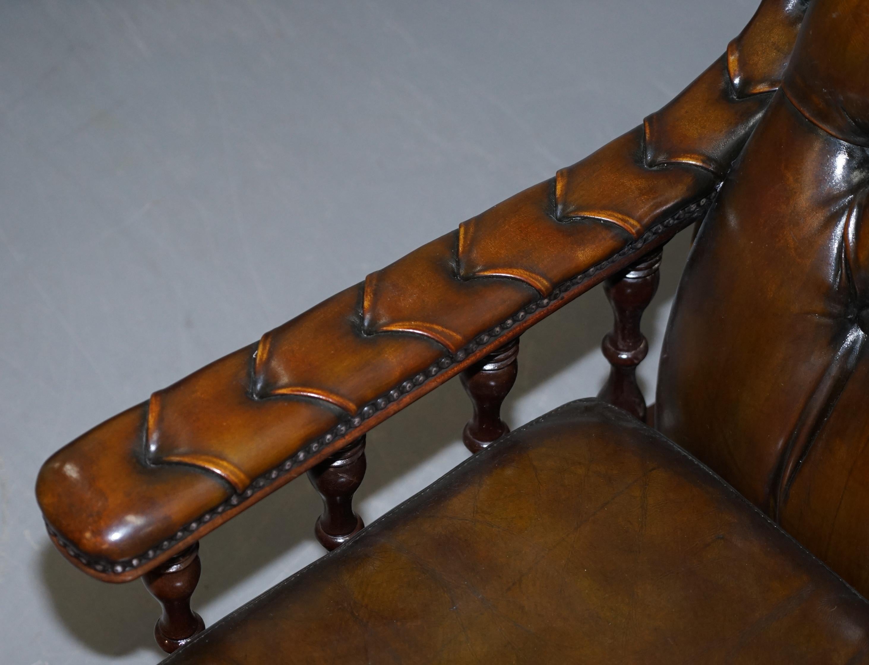 Pair of Restored Chesterfield Tufted Dutch Brown Leather Library Club Armchairs 13