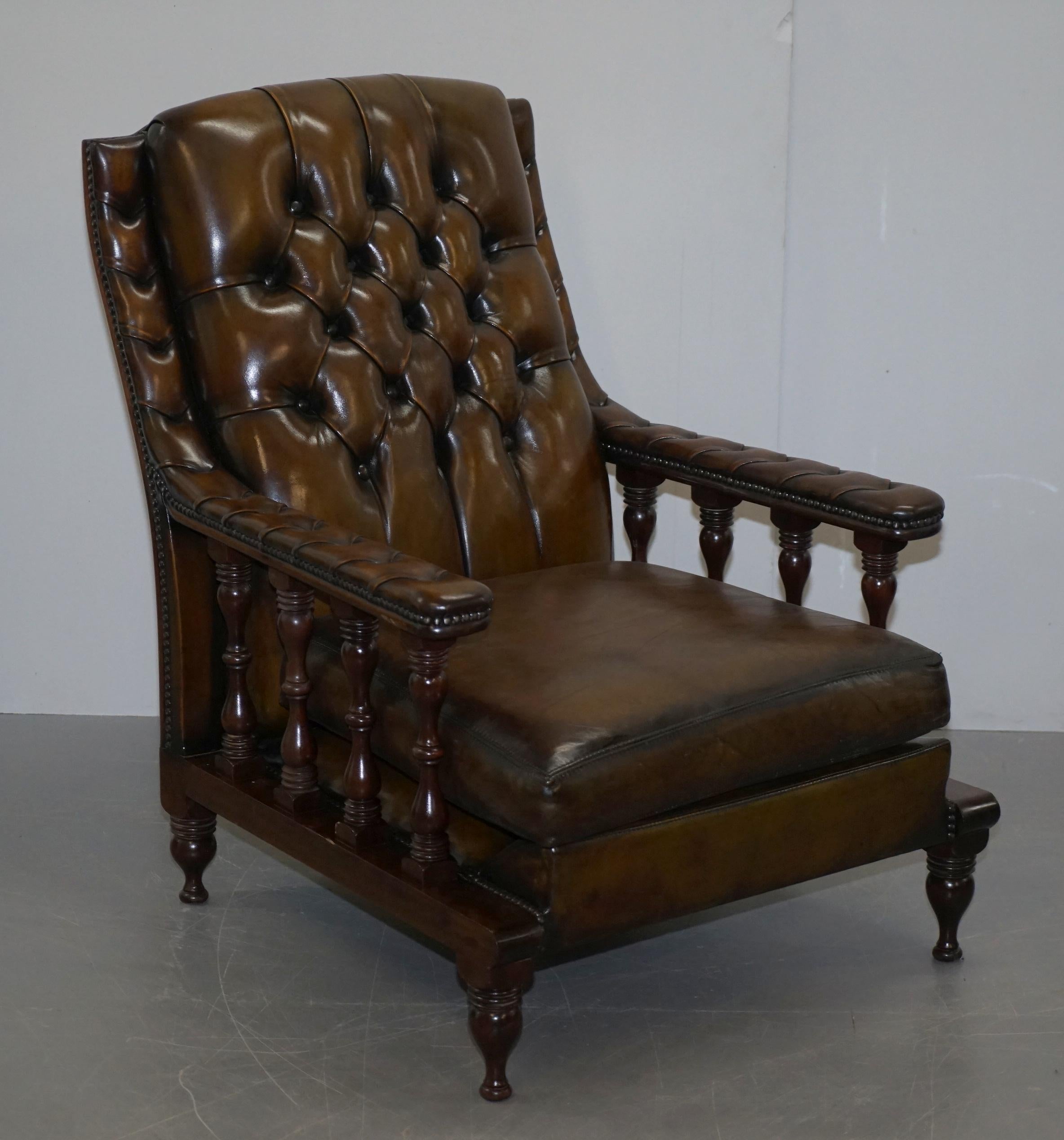 We are delighted to offer for sale this lovely pair of Chesterfield Dutch hand dyed fully restored Cigar Brown leather library reading armchairs

A good looking and decorative pair, the leather has been refurbished, it has a lovely Victorian