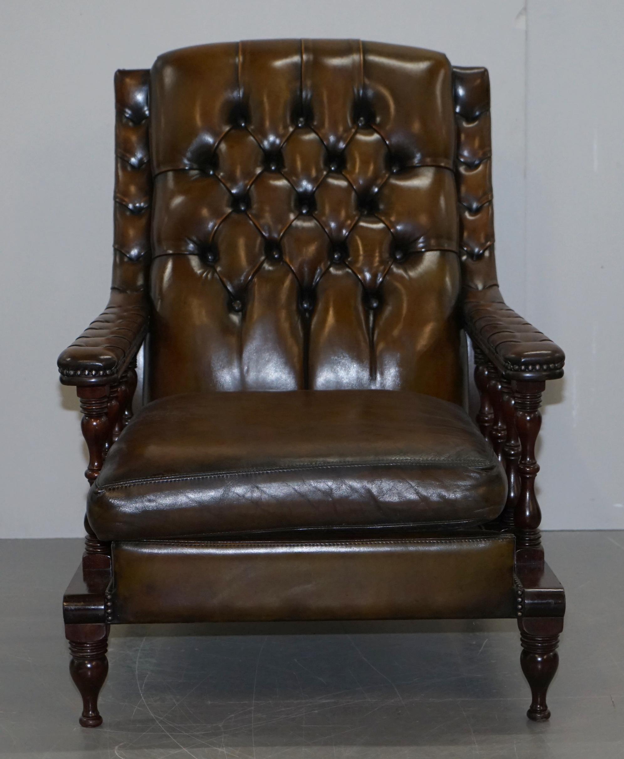 Danish Pair of Restored Chesterfield Tufted Dutch Brown Leather Library Club Armchairs