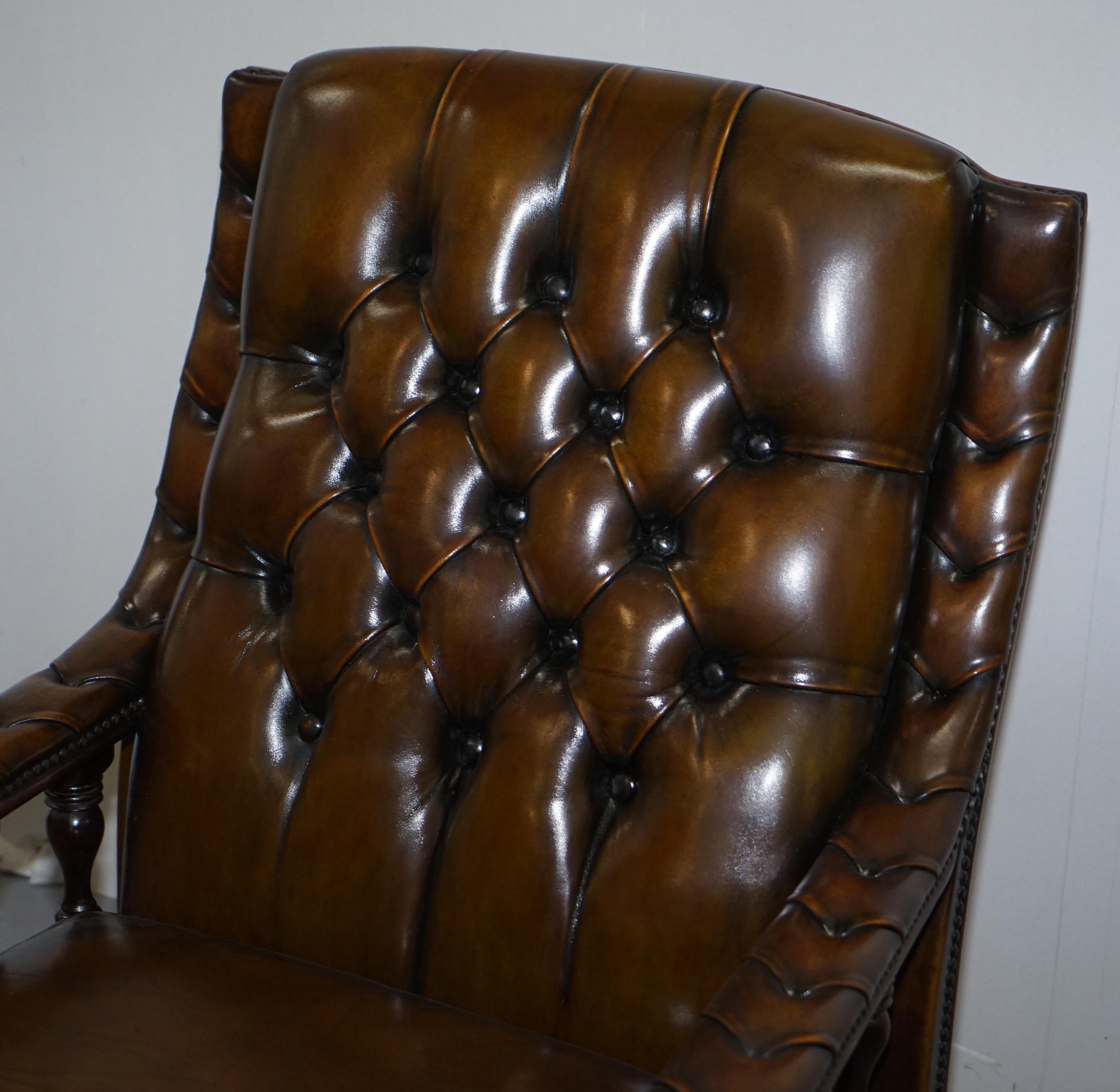 Hand-Crafted Pair of Restored Chesterfield Tufted Dutch Brown Leather Library Club Armchairs