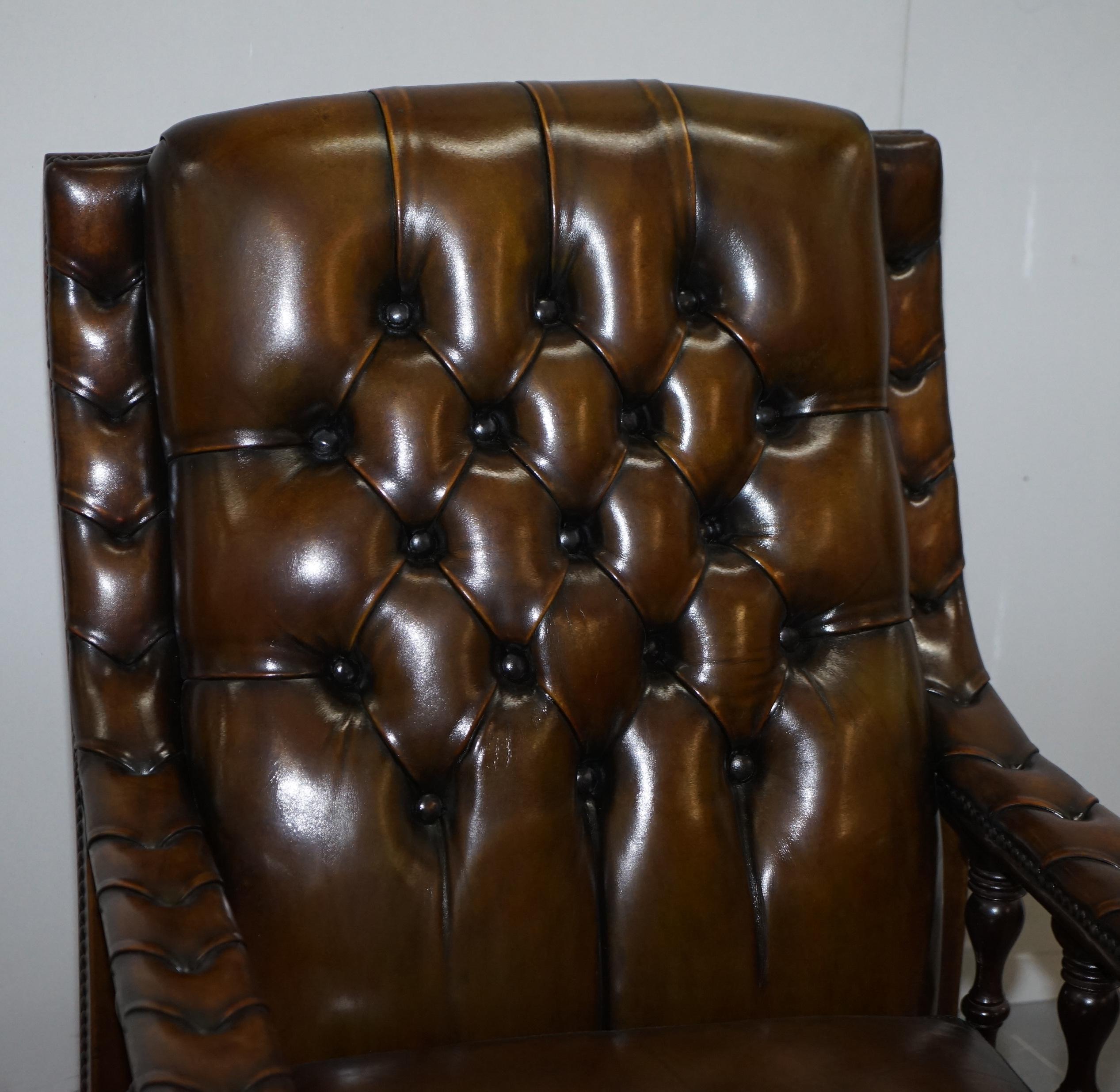 20th Century Pair of Restored Chesterfield Tufted Dutch Brown Leather Library Club Armchairs