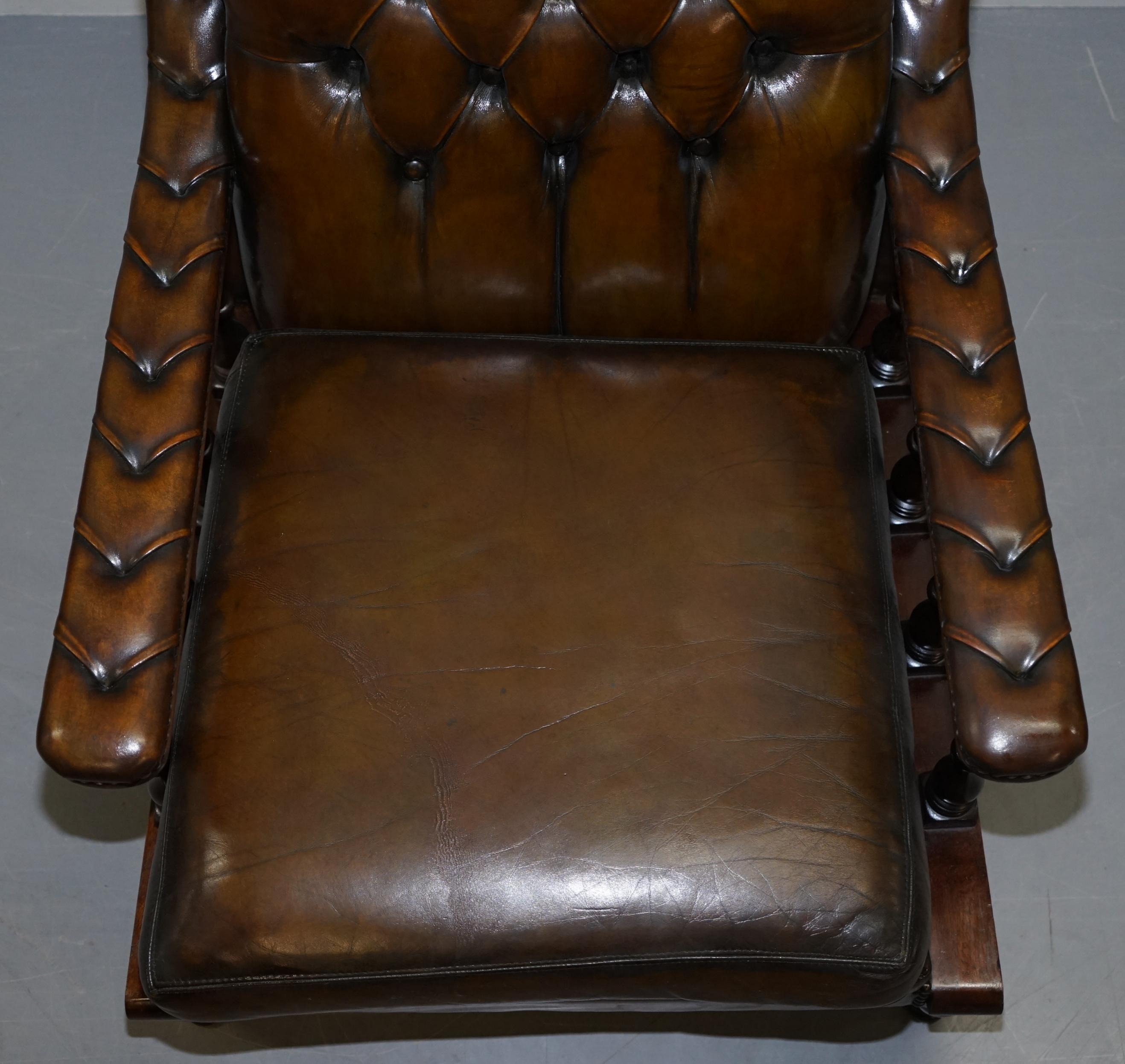 Pair of Restored Chesterfield Tufted Dutch Brown Leather Library Club Armchairs 1