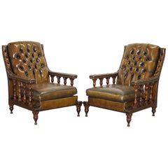 Pair of Restored Chesterfield Tufted Dutch Brown Leather Library Club Armchairs