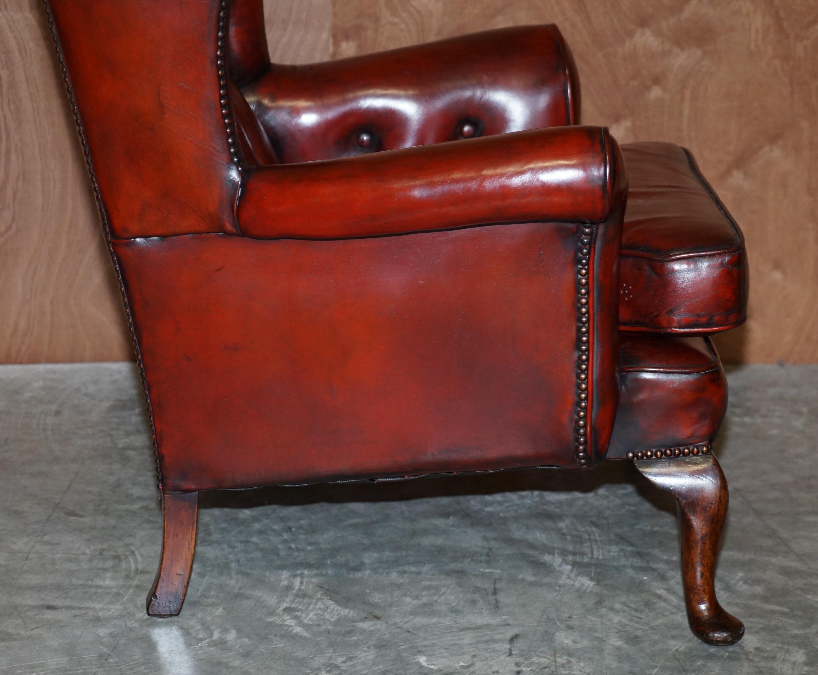 Pair of Restored Chesterfield Wingback Bordeaux Leather Armchairs & Footstools 7