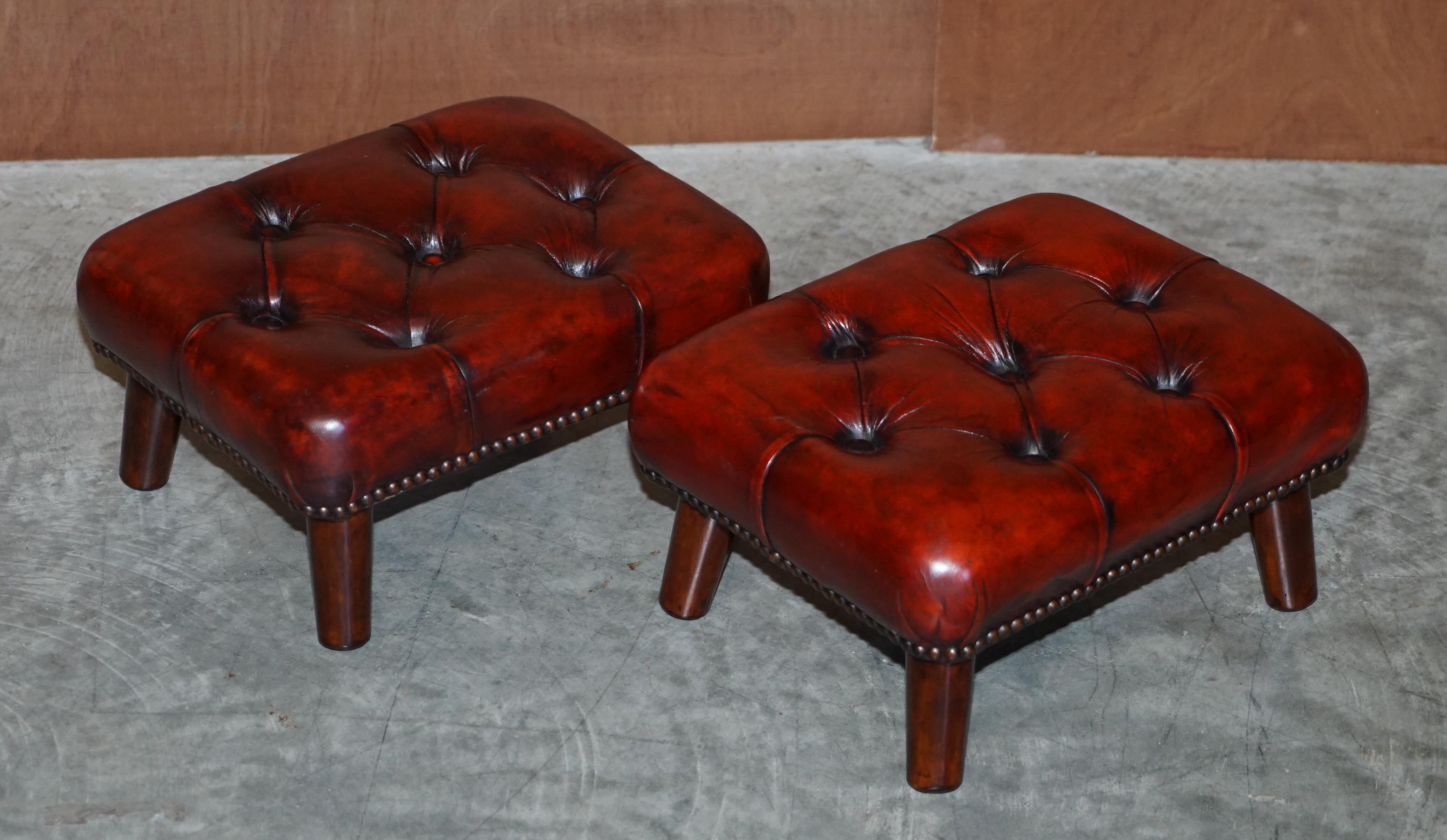 Pair of Restored Chesterfield Wingback Bordeaux Leather Armchairs & Footstools 9