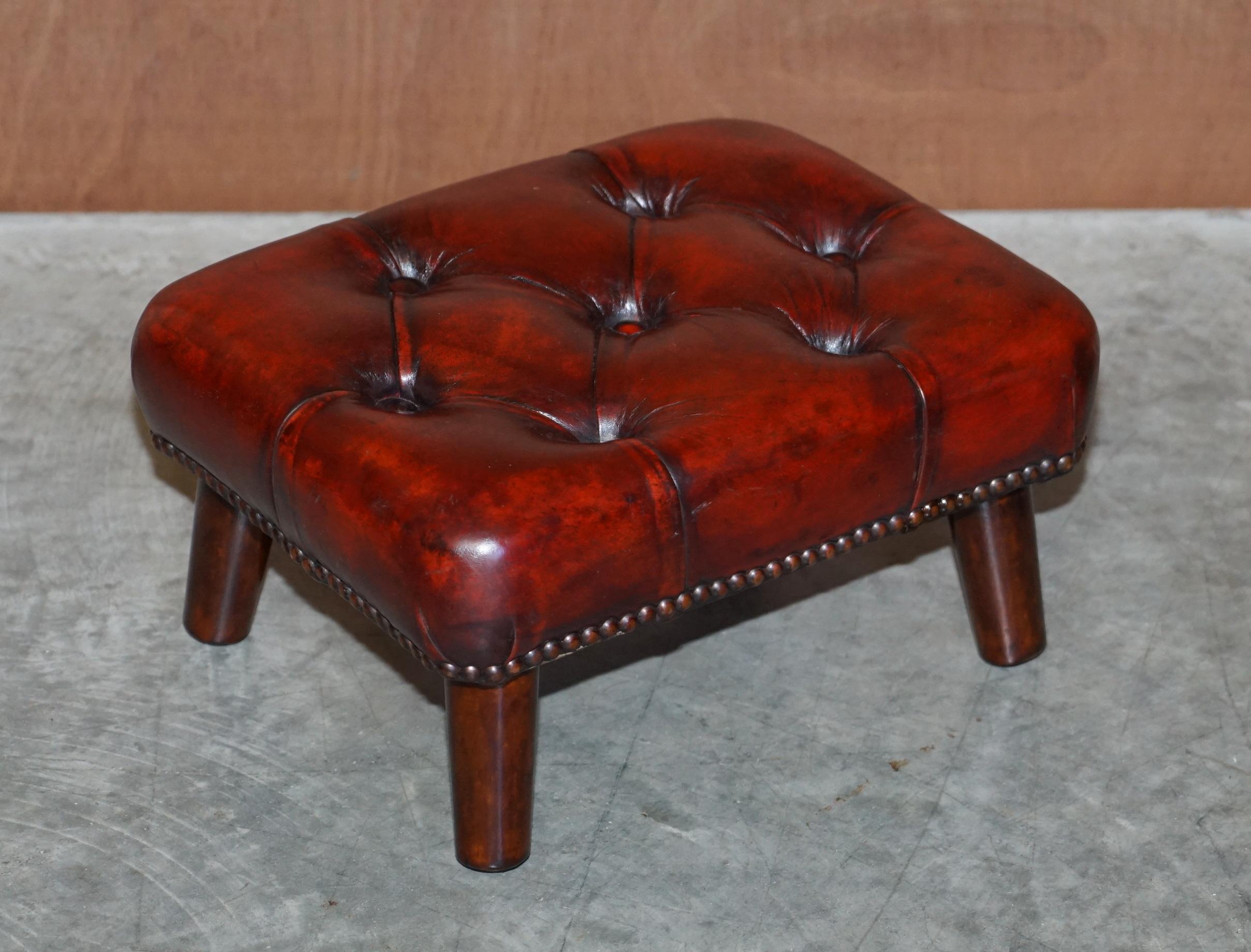 Pair of Restored Chesterfield Wingback Bordeaux Leather Armchairs & Footstools 10