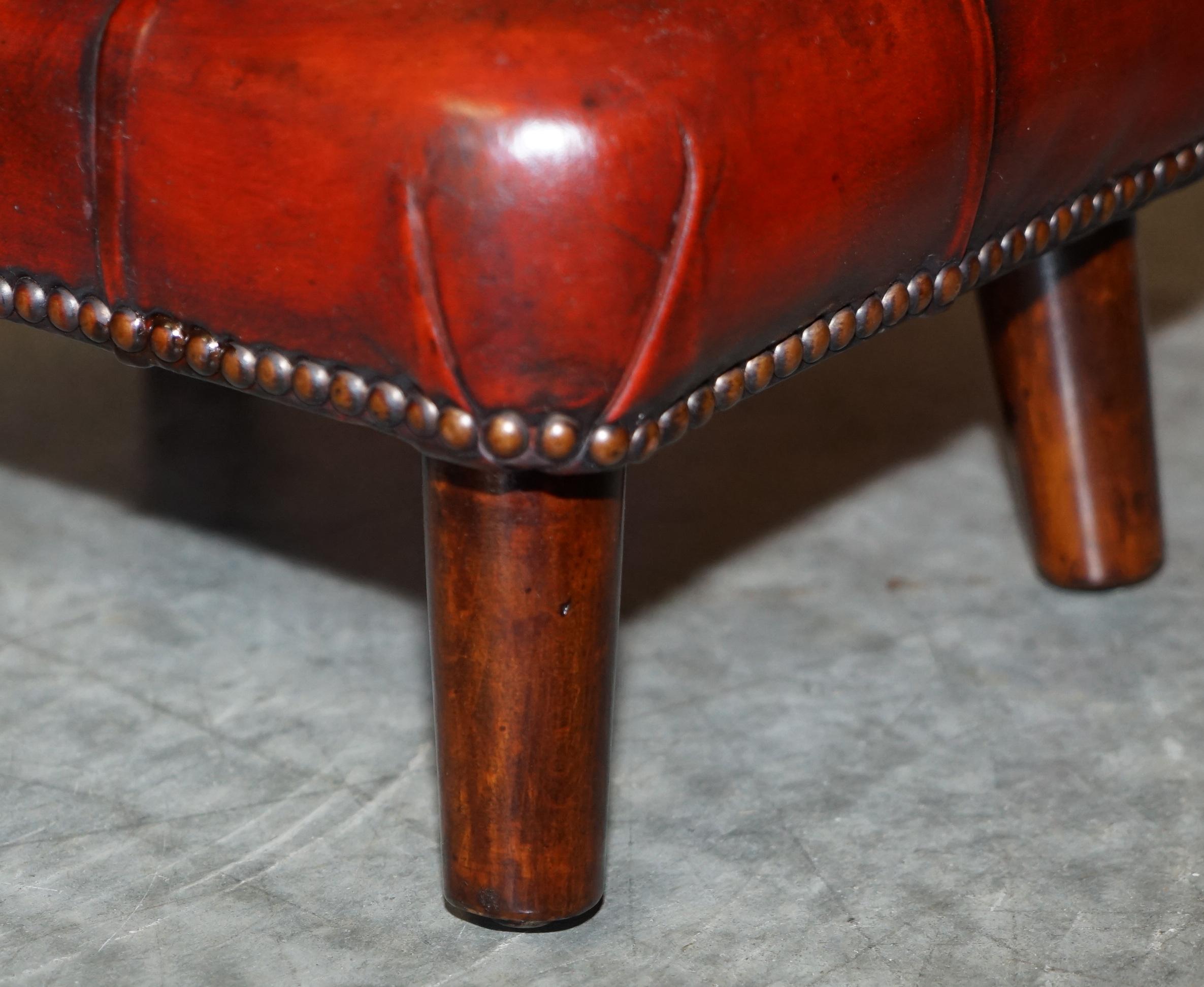 Pair of Restored Chesterfield Wingback Bordeaux Leather Armchairs & Footstools 13