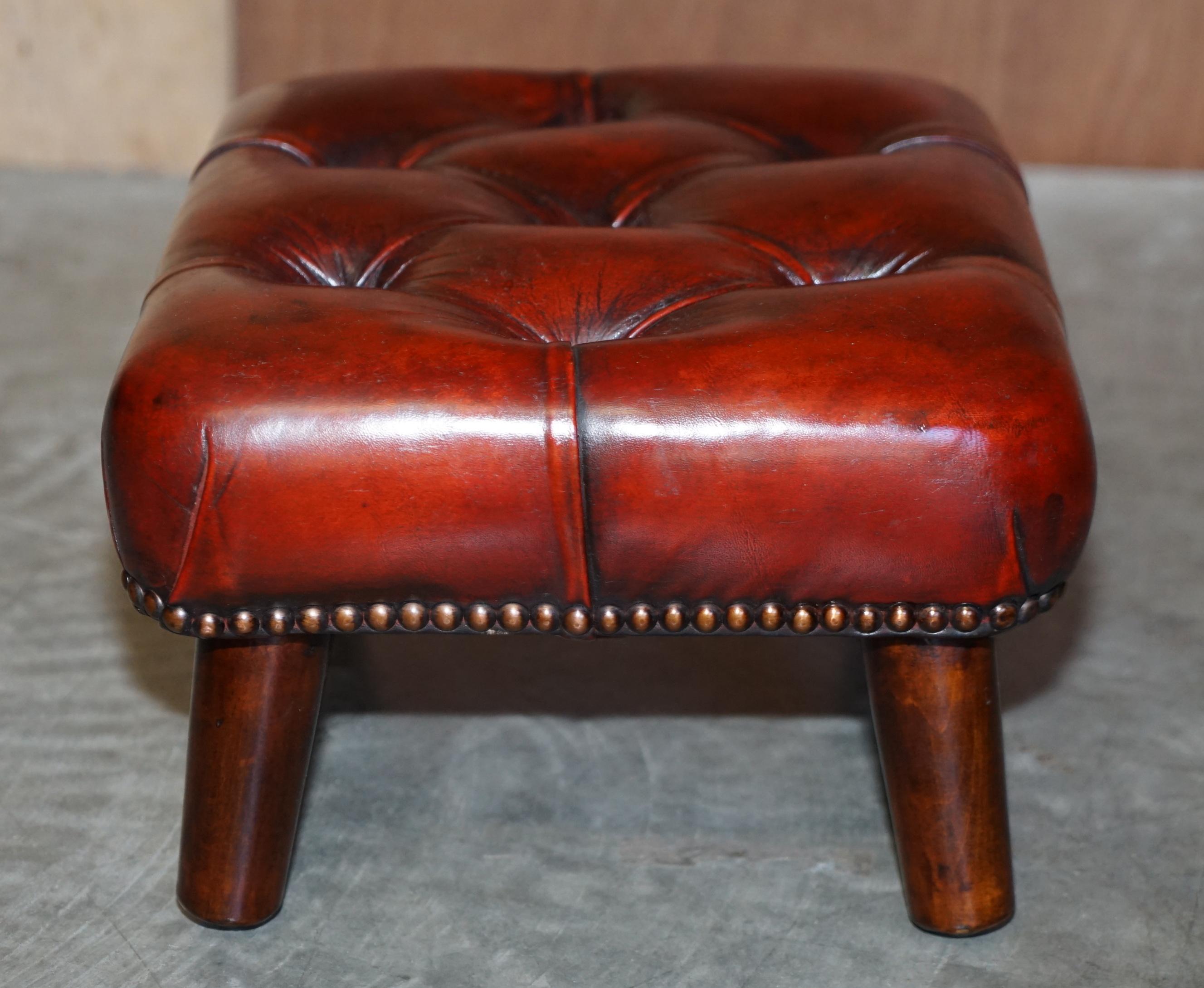 Pair of Restored Chesterfield Wingback Bordeaux Leather Armchairs & Footstools 14