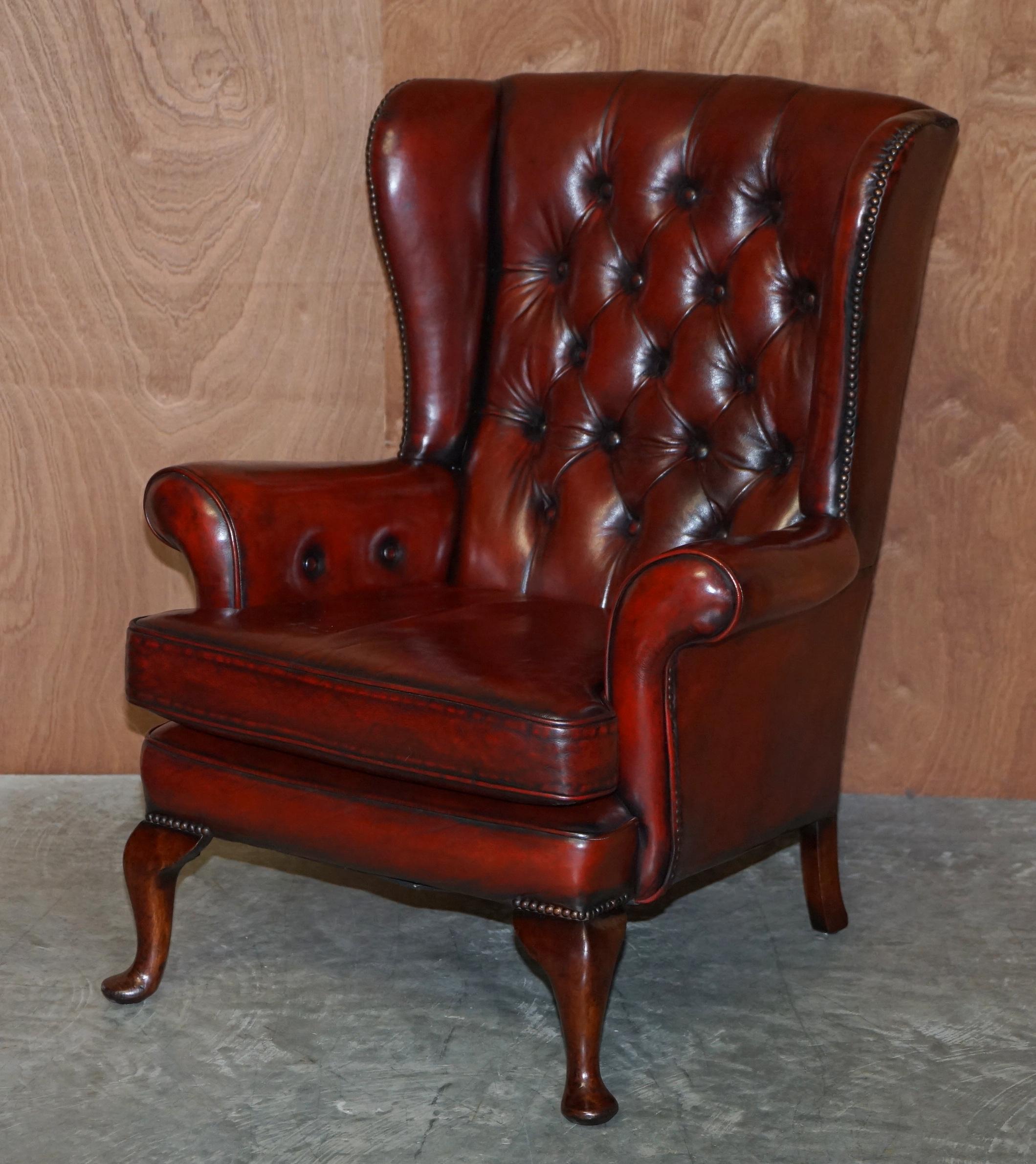 We are delighted to offer this stunning pair of Chesterfield Bordeaux leather fully restored vintage wingback armchairs with matching footstools

Please note the delivery fee listed is just a guide, it covers within the M25 only for the UK and