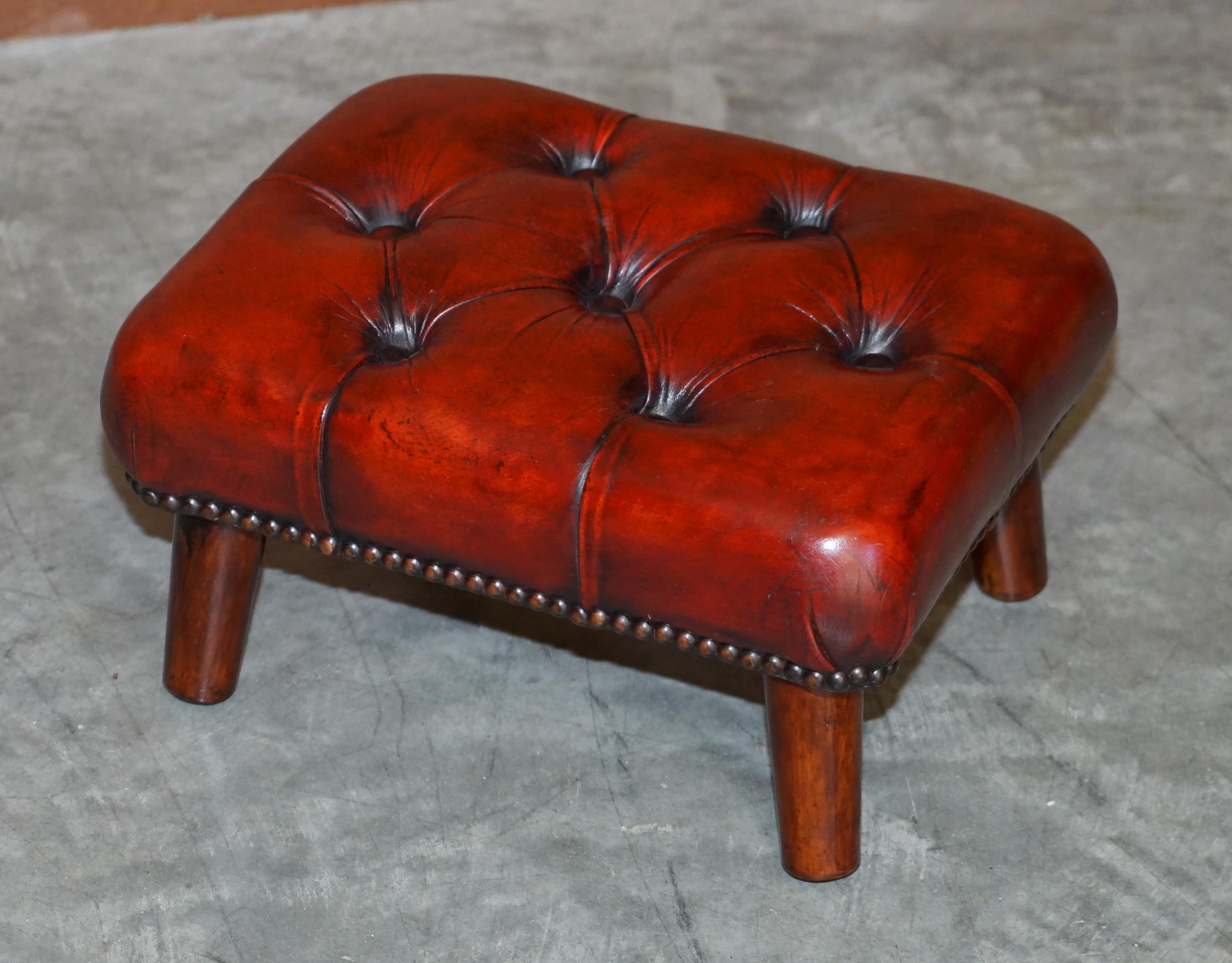 Pair of Restored Chesterfield Wingback Bordeaux Leather Armchairs & Footstools 15