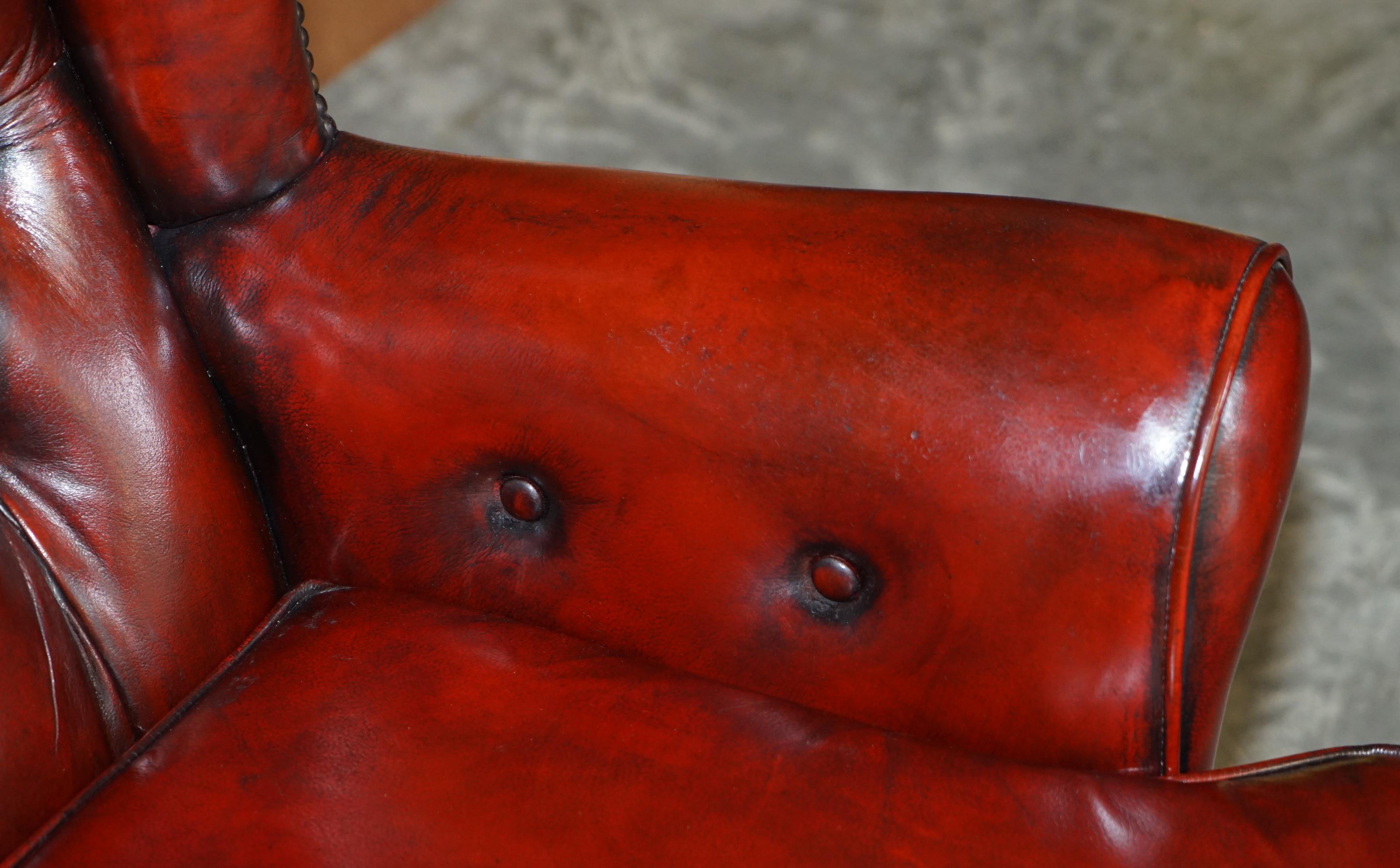 Pair of Restored Chesterfield Wingback Bordeaux Leather Armchairs & Footstools 2