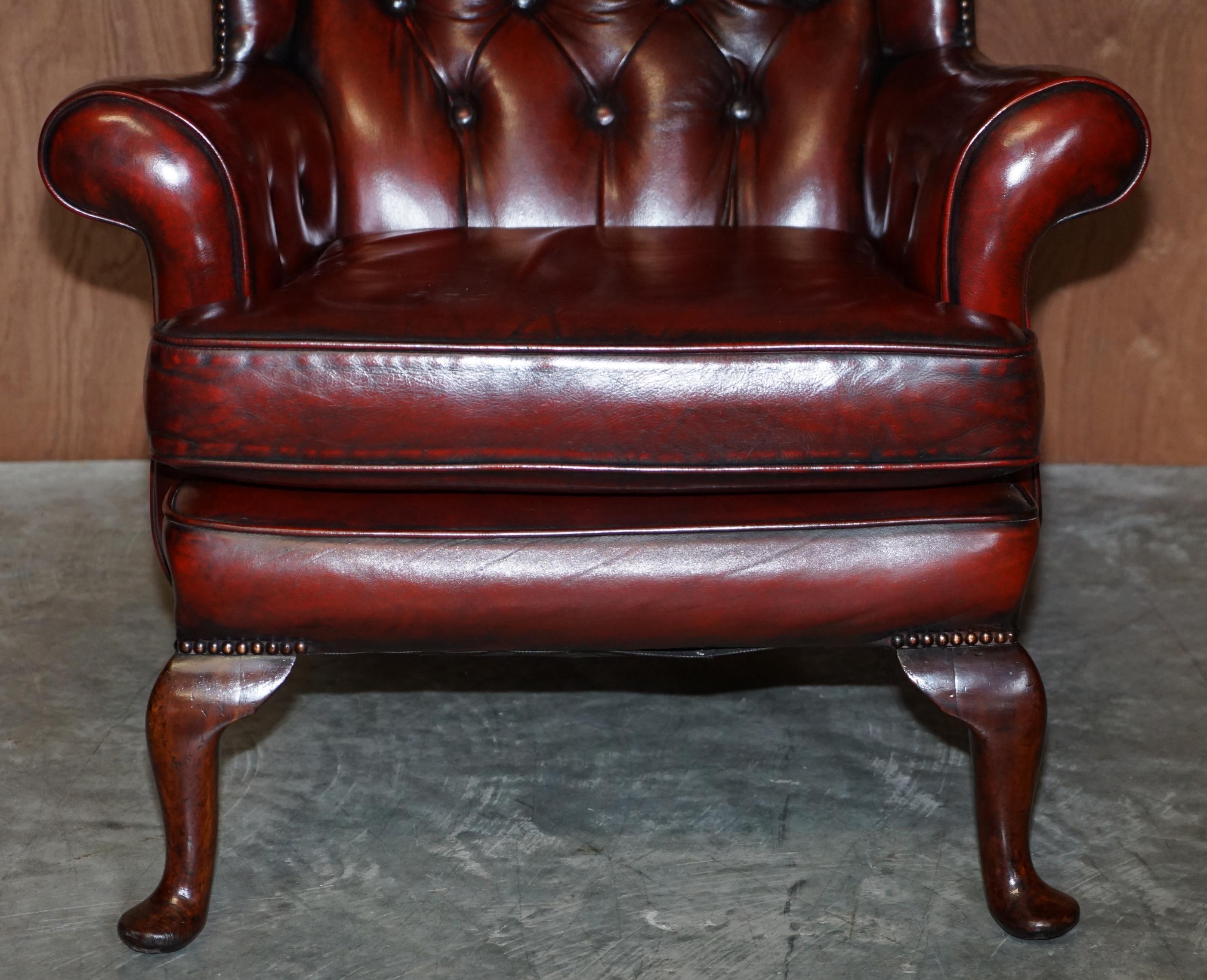 Pair of Restored Chesterfield Wingback Bordeaux Leather Armchairs & Footstools 3