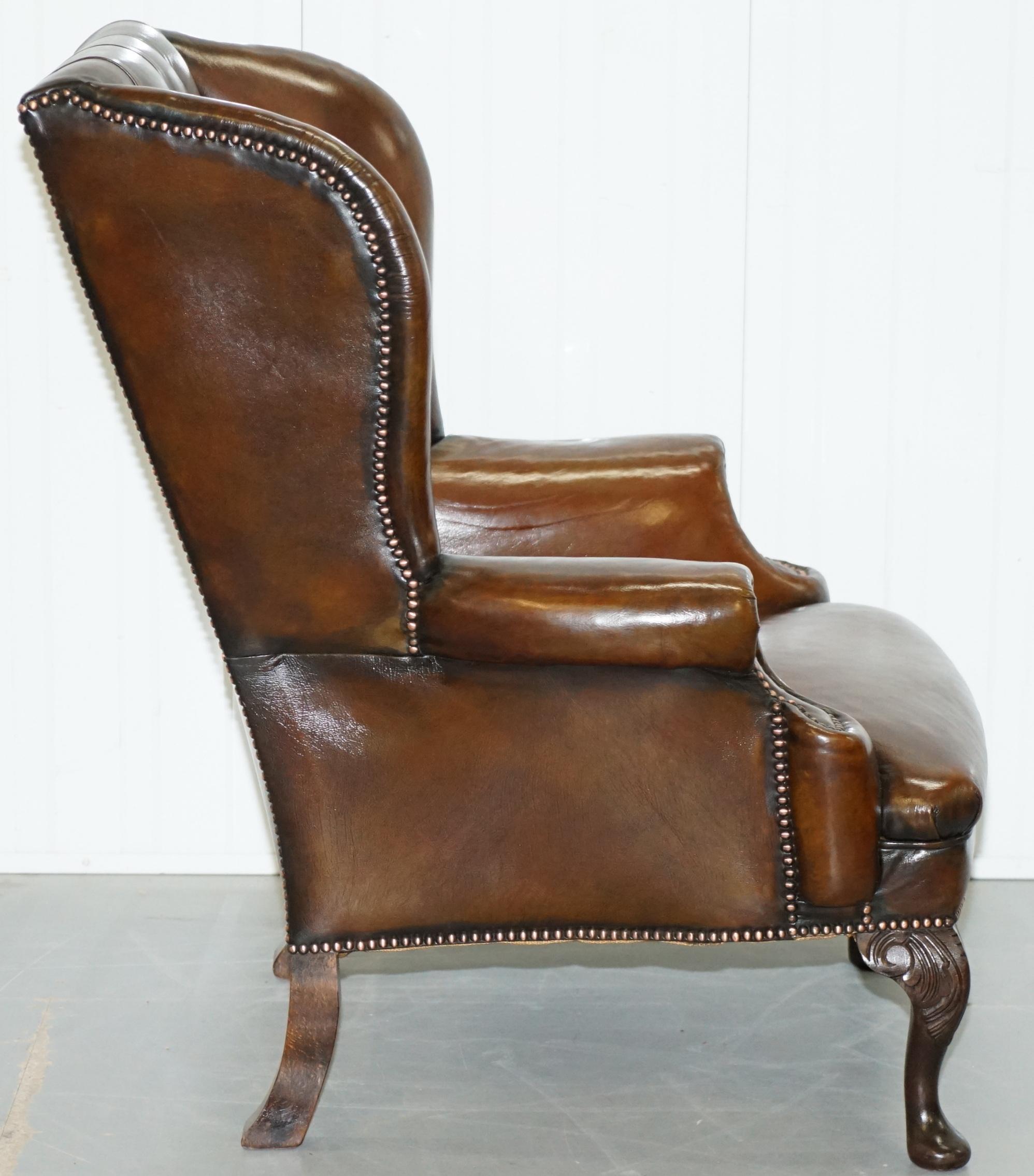 Pair of Restored Cigar Brown Leather Chesterfield Wingback Armchairs Carved Legs 1