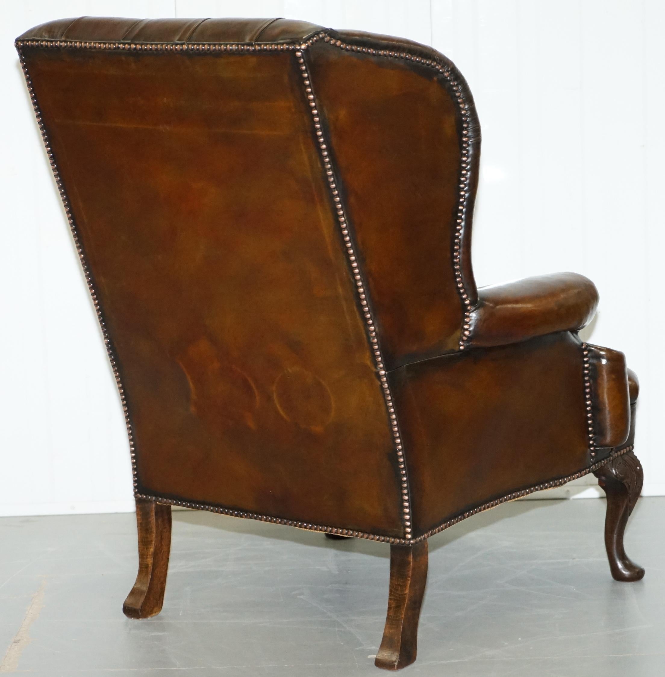 Pair of Restored Cigar Brown Leather Chesterfield Wingback Armchairs Carved Legs 2