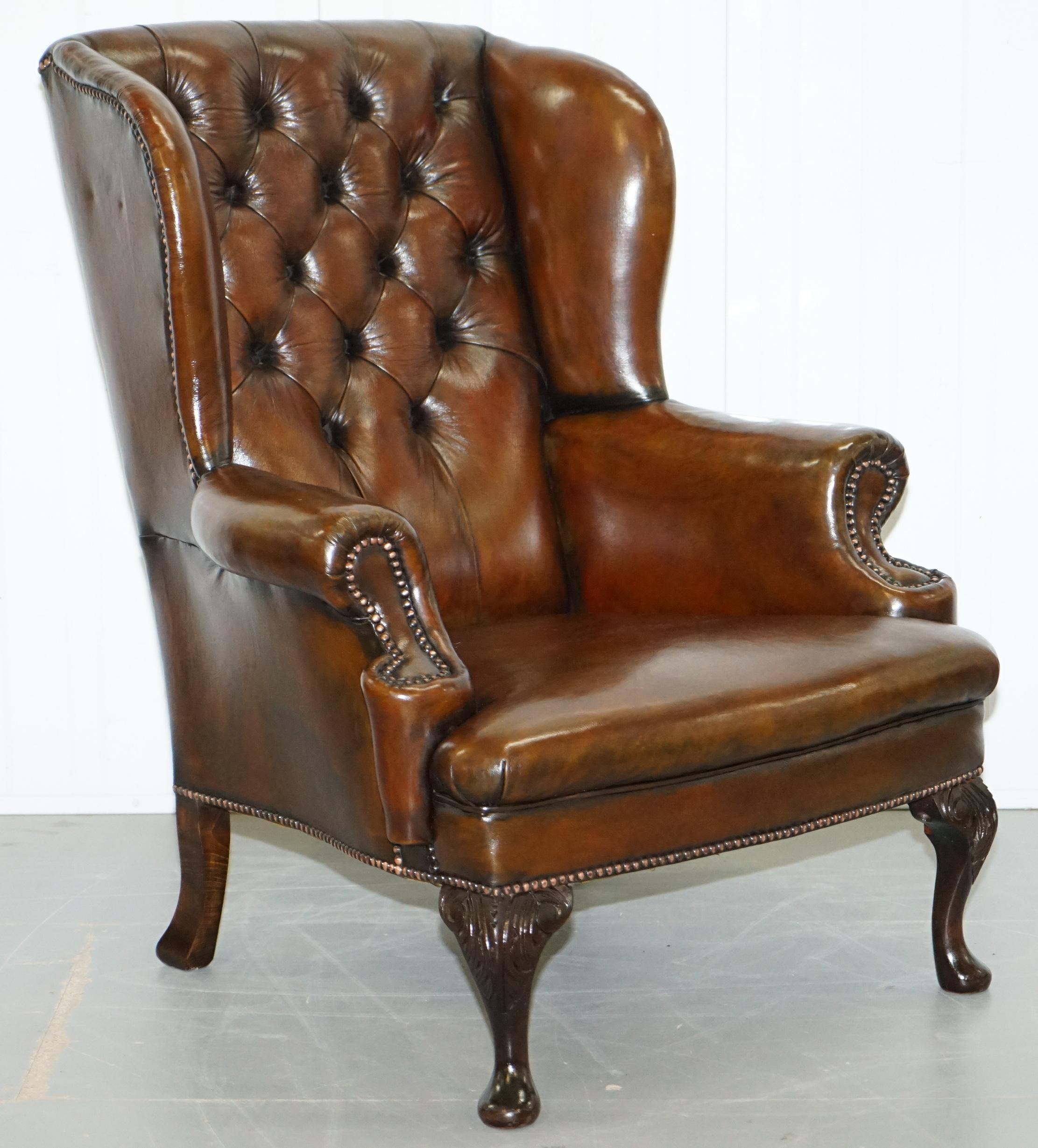 Pair of Restored Cigar Brown Leather Chesterfield Wingback Armchairs Carved Legs 3
