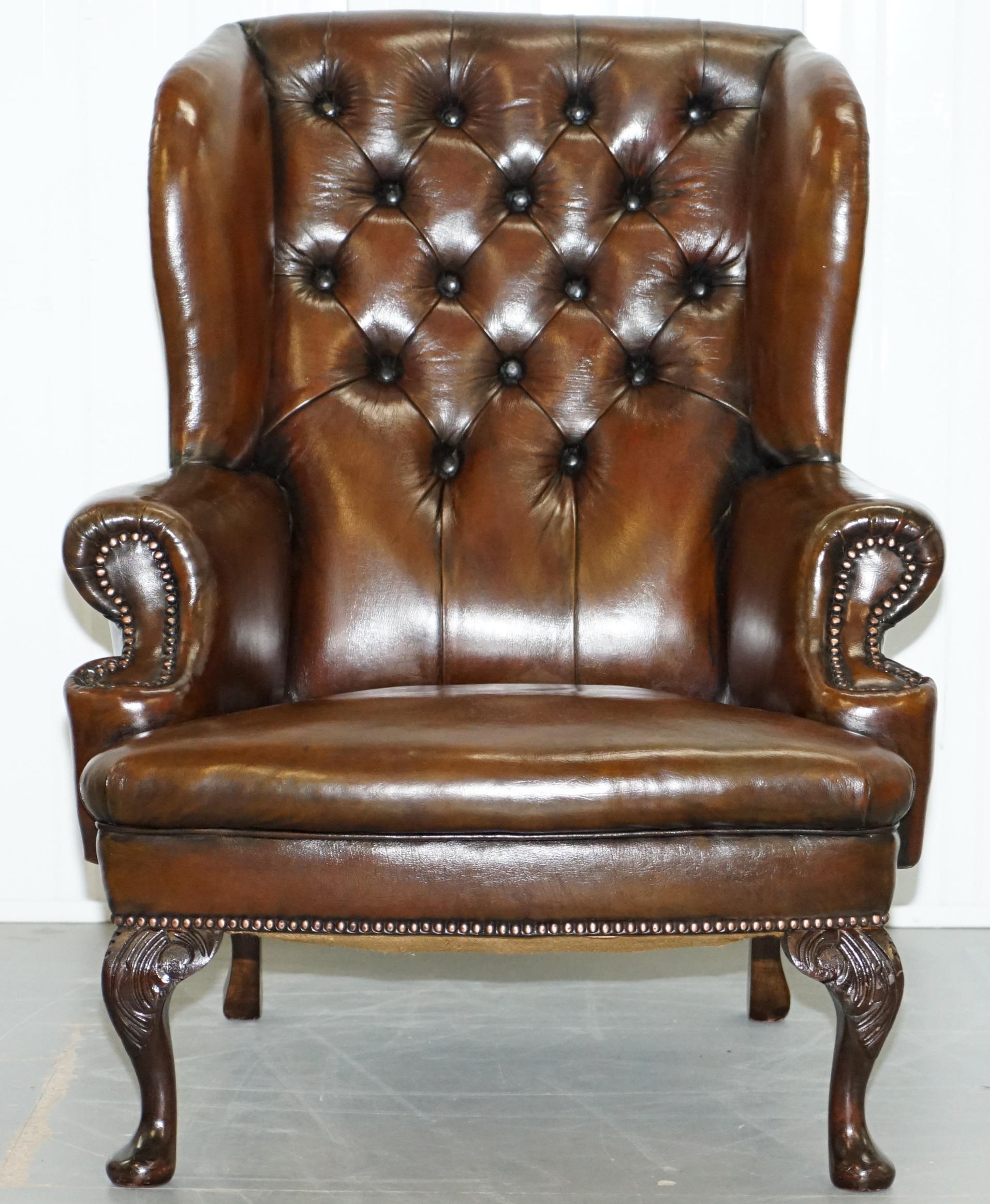 Pair of Restored Cigar Brown Leather Chesterfield Wingback Armchairs Carved Legs 4