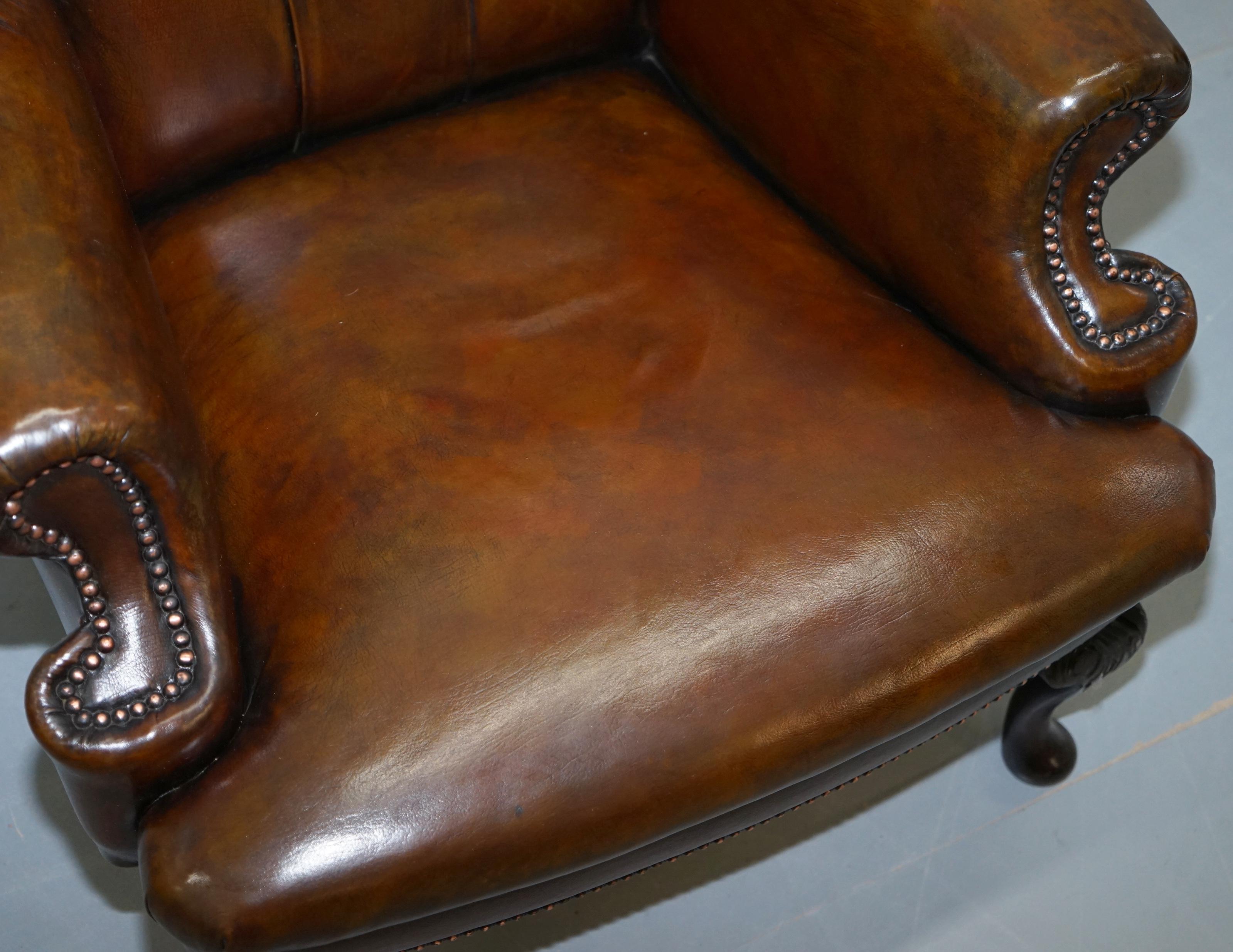 Pair of Restored Cigar Brown Leather Chesterfield Wingback Armchairs Carved Legs 5